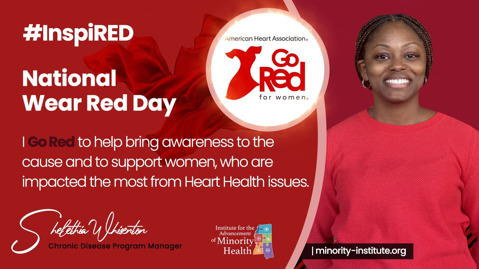 Woman in red sweater, next to text about National Wear Red Day to raise awareness of women's heart health issues.