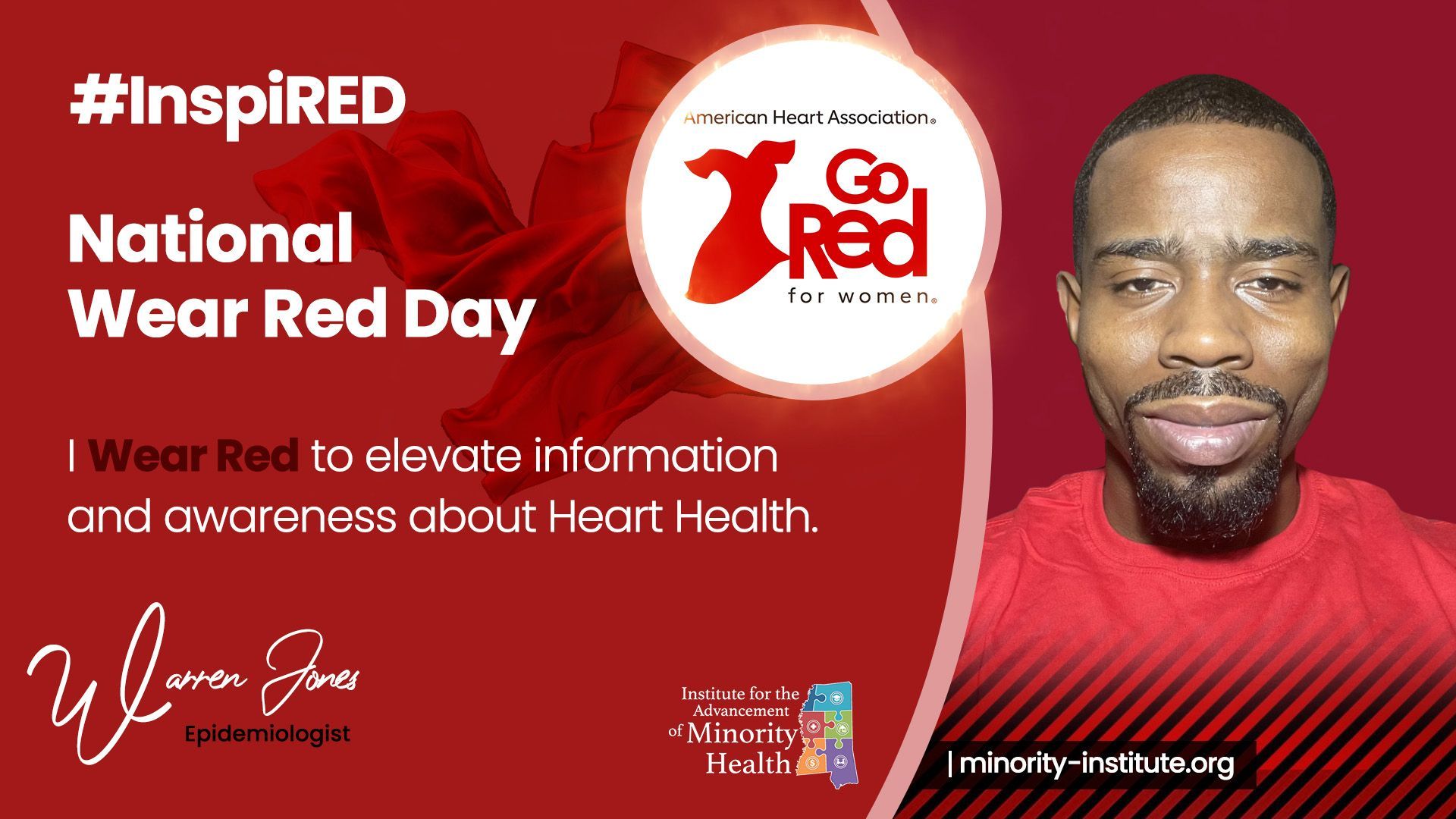 Man wearing red promotes National Wear Red Day to raise heart health awareness.