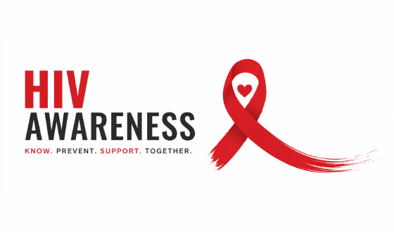 HIV awareness graphic with red ribbon and bold text on white background