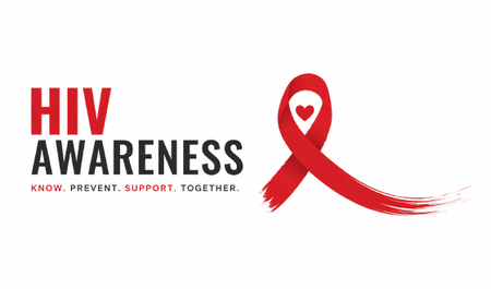 HIV awareness graphic with red ribbon and bold text on white background