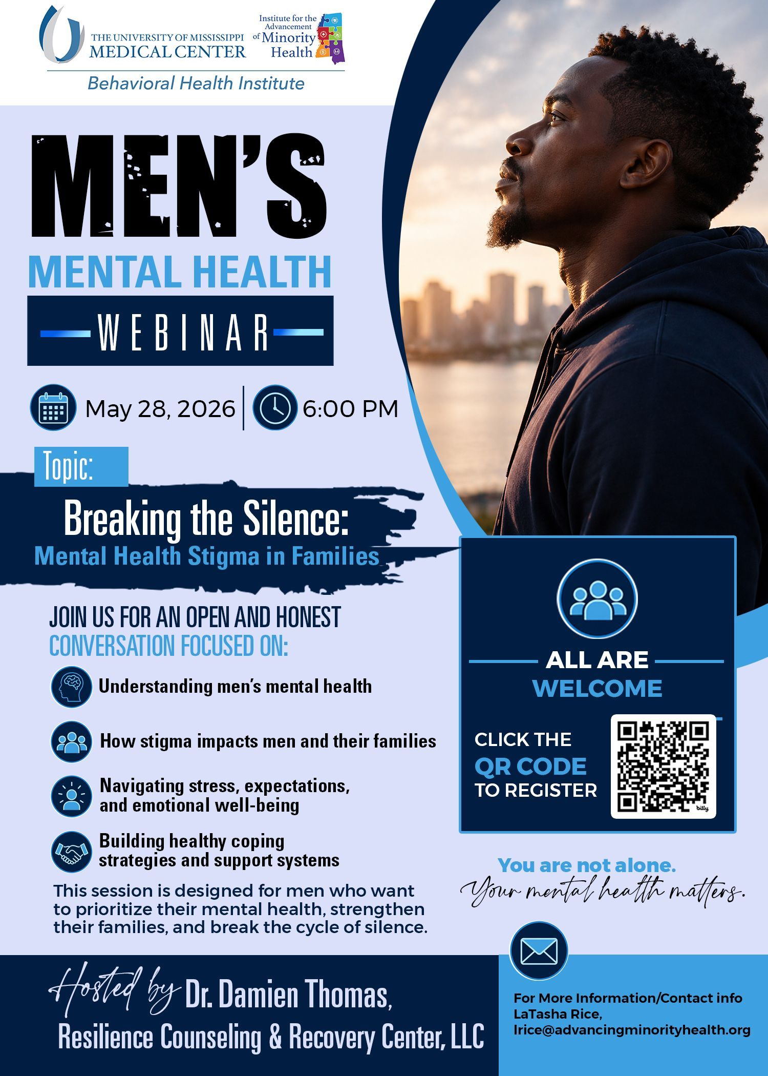Men's Mental Health Month poster with a profile photo, blue theme, event details, and QR code