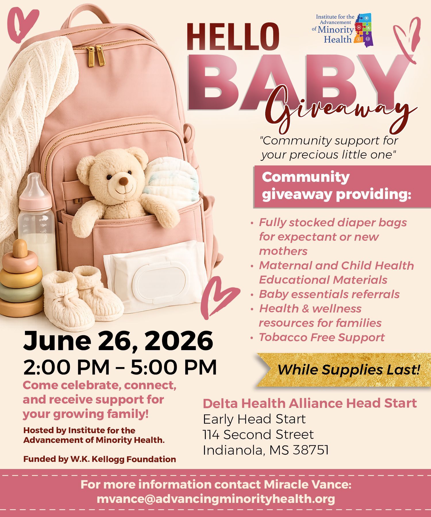 Baby shower event flyer with pink graphics, teddy bear, backpack, and June 26, 2026 2-5 PM details.