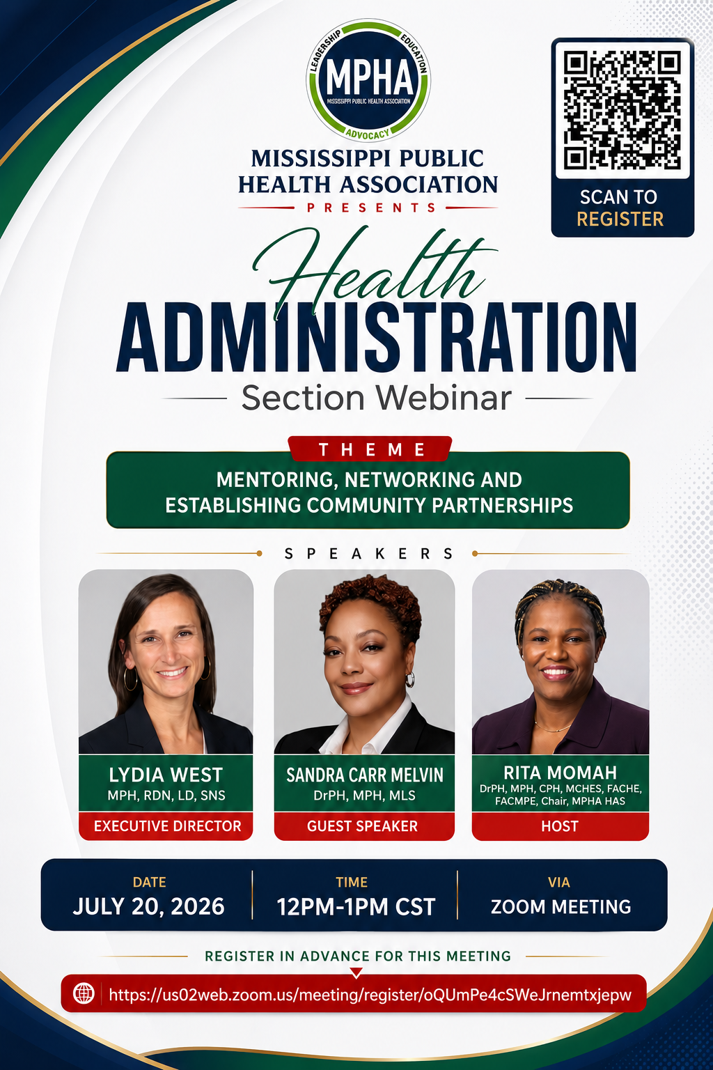 Mississippi Public Health Association Health Administration Section webinar flyer with three speakers and July 20, 2026 date