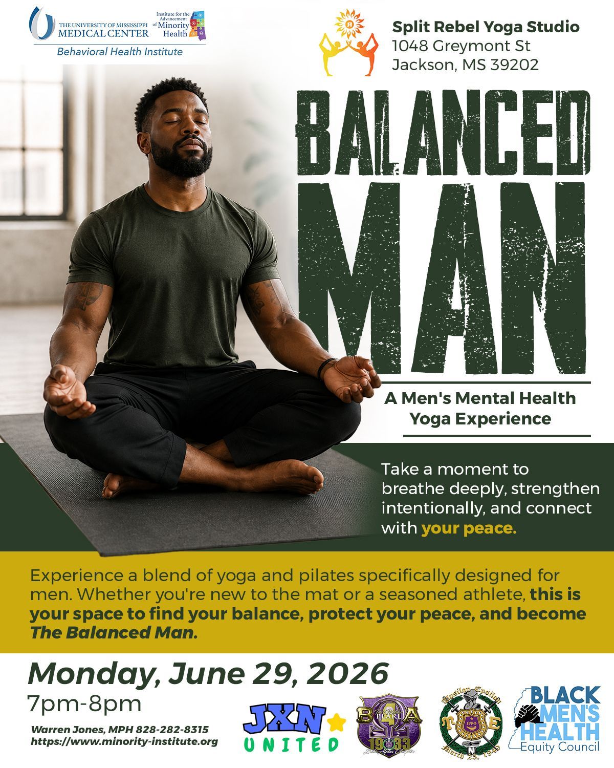 Balanced Man yoga poster with seated man, event details, and Monday, June 29, 2026 date.