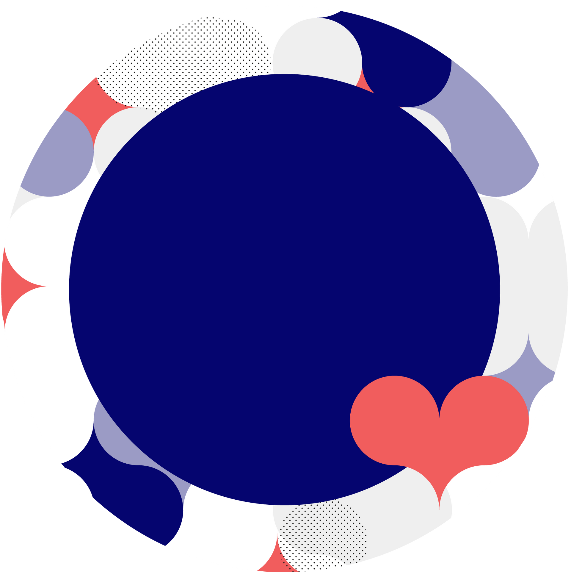 A purple circle surrounded by hearts and dots on a white background.