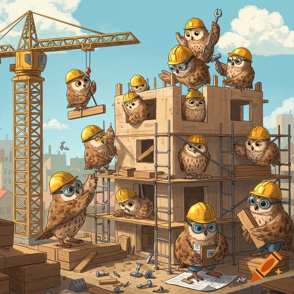 A group of owls wearing hard hats are working on a building.