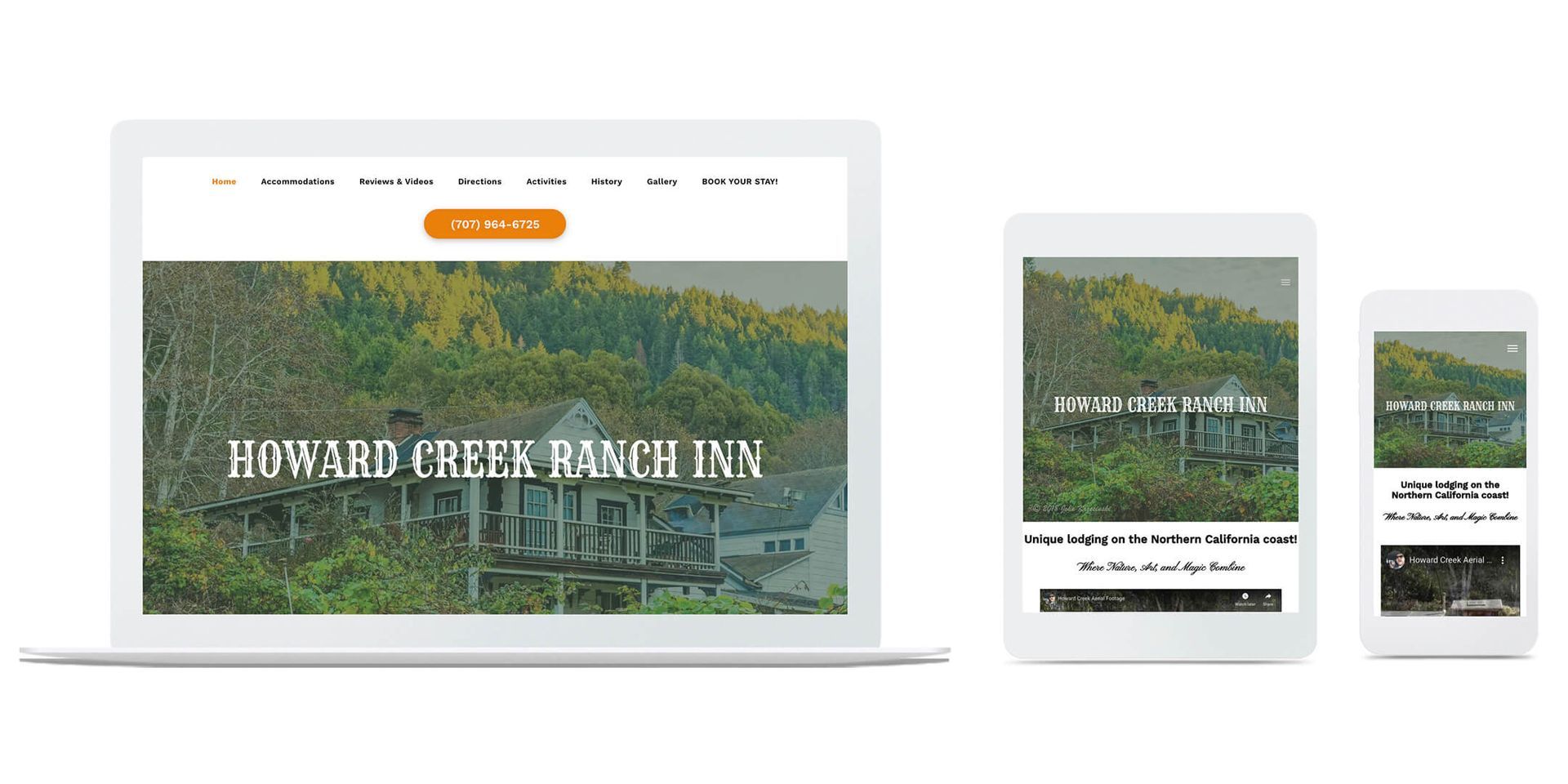 Website for a unique getaway on the Mendocino coast, Howard Creek Ranch Inn.