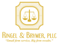 The logo for ringel & brymer , pllc is a small firm service , big firm results.