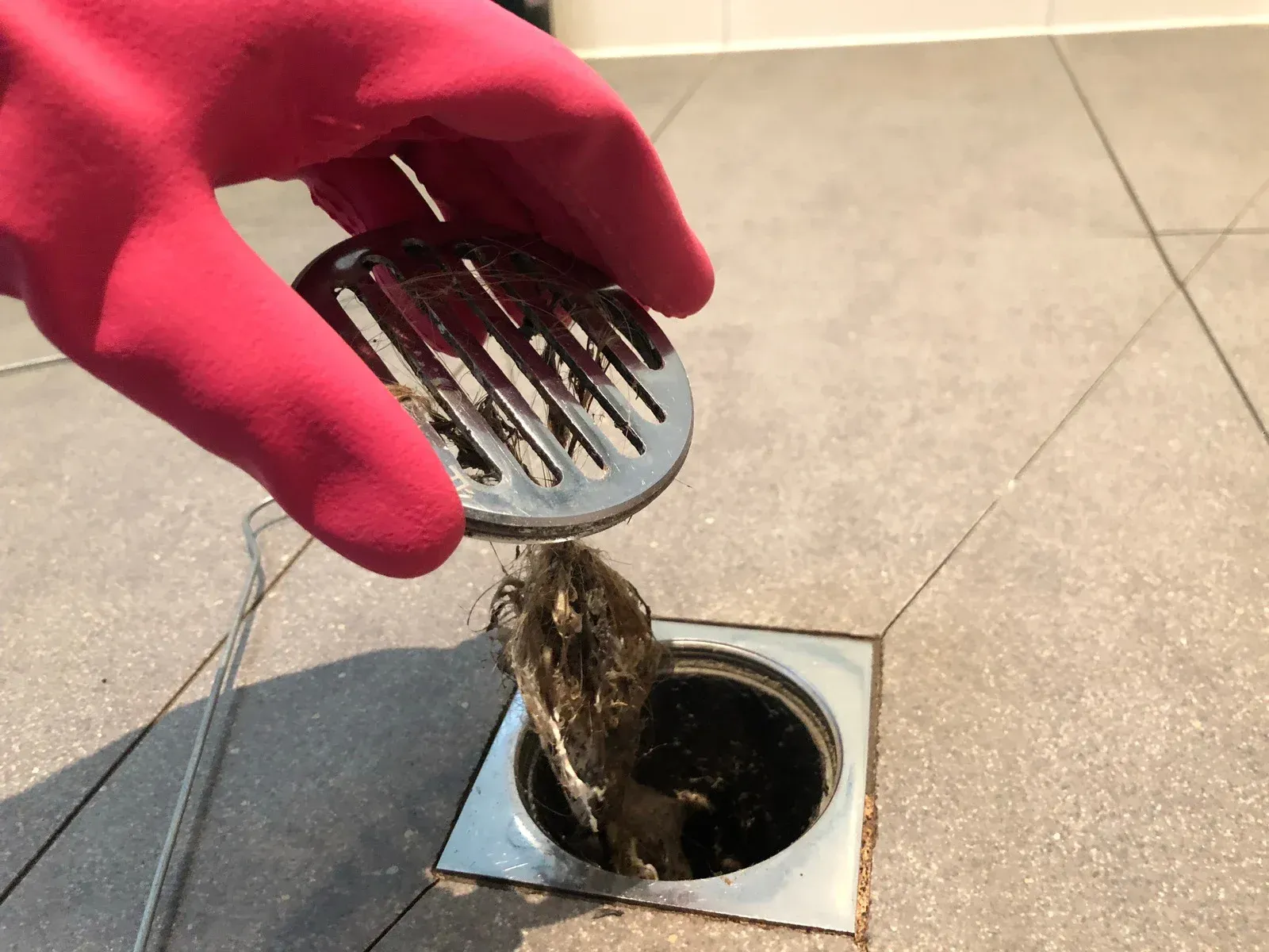 Gloved hand removing drain cover, revealing clogged hair and debris in a tiled bathroom floor drain.