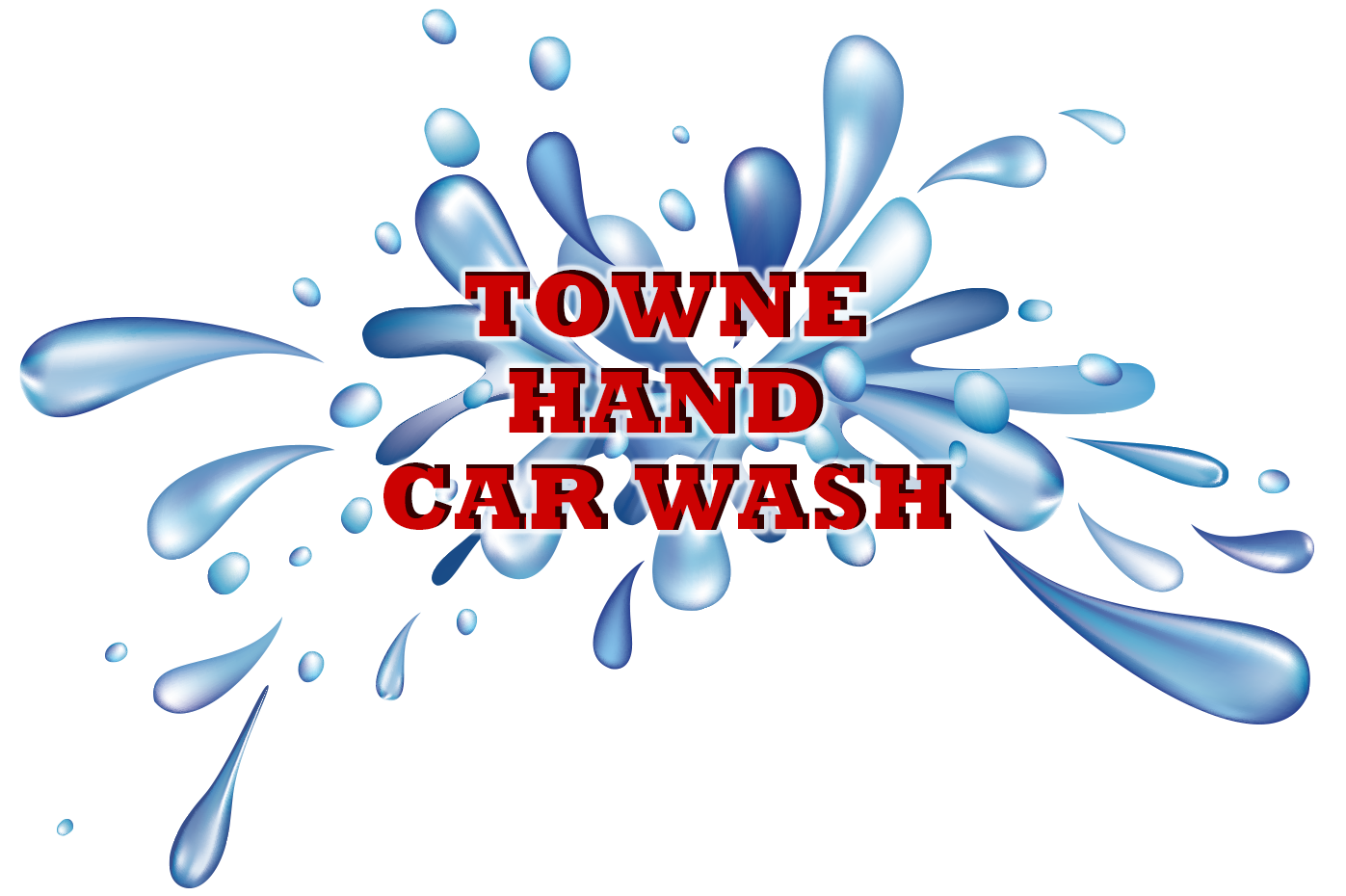 A logo for towne hand car wash with splashes of water
