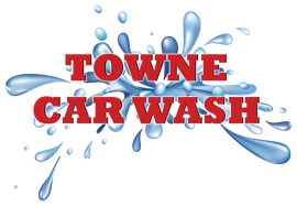 A logo for towne car wash with water splashing out of it.