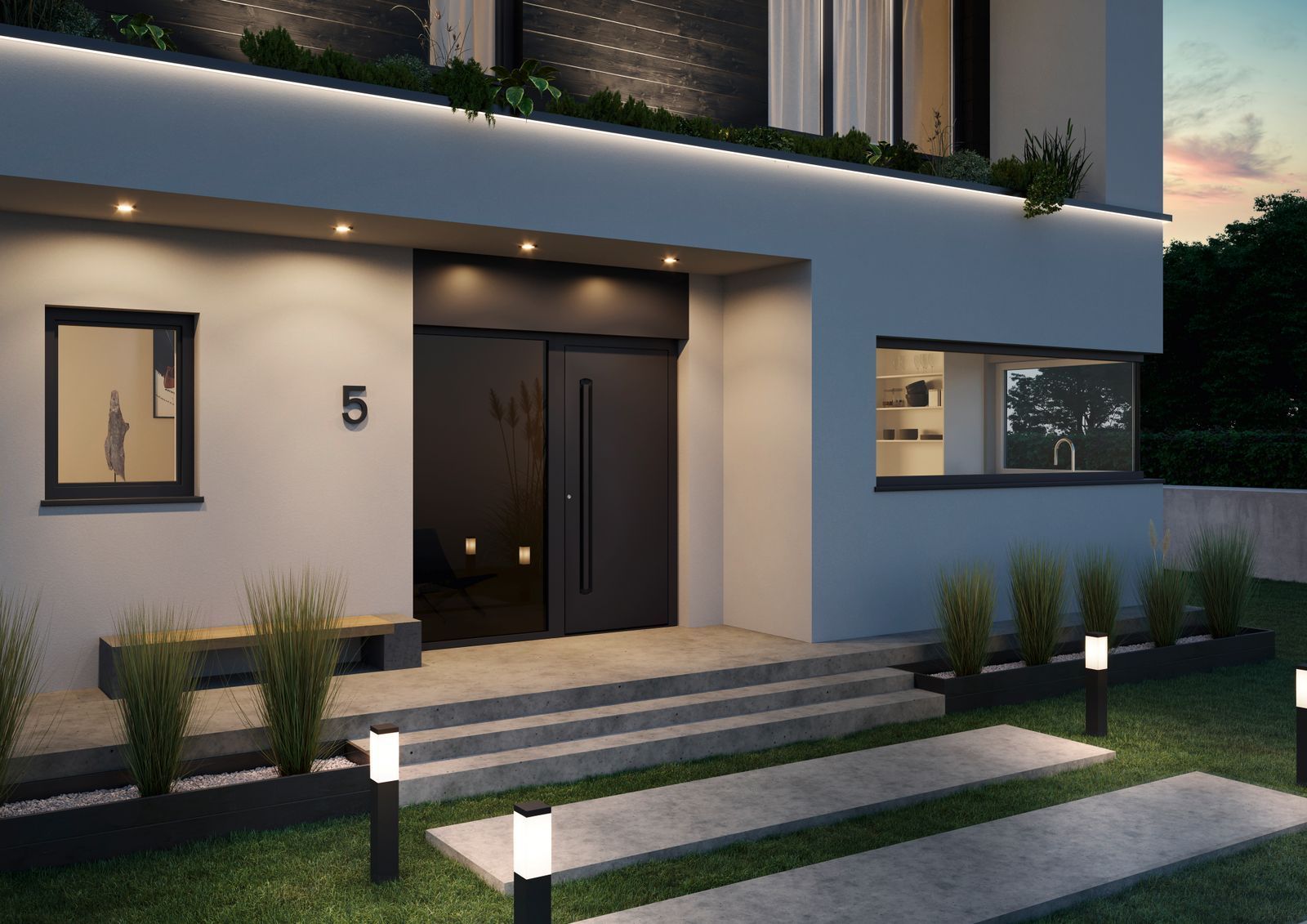 Modernes Hausäußeres in der Abenddämmerung mit dunkler Eingangstür, leuchtenden Eingangsleuchten