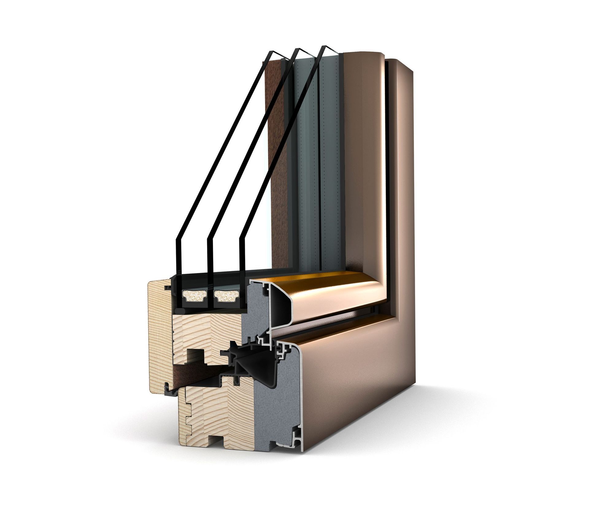 Querschnitt eines dreifach verglasten Fensters, der die Rahmenkonstruktion aus Holz und Aluminium zeigt.