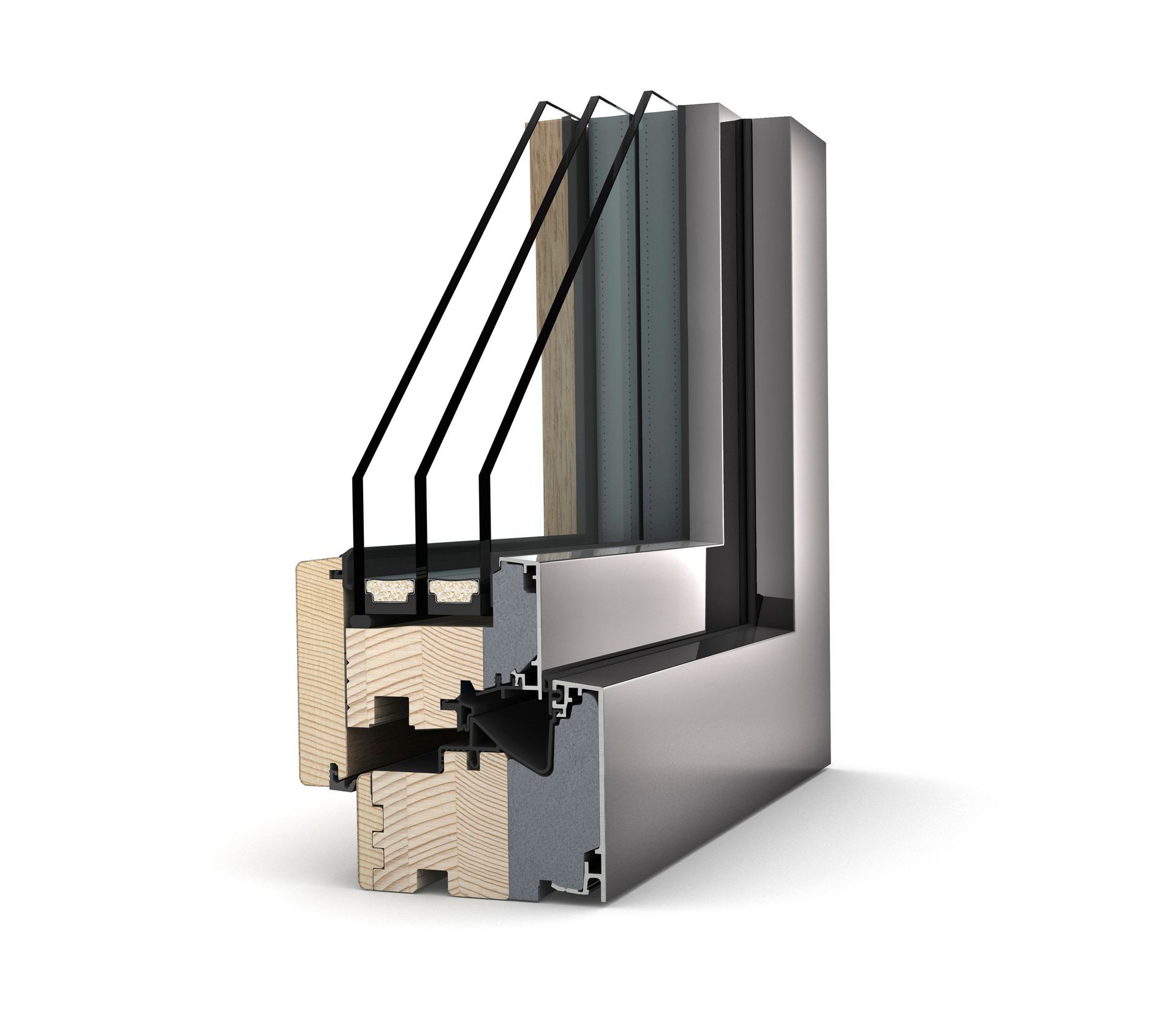 Querschnitt eines dreifach verglasten Fensters mit einem inneren Holzrahmen und einer äußeren Aluminiumverkleidung.