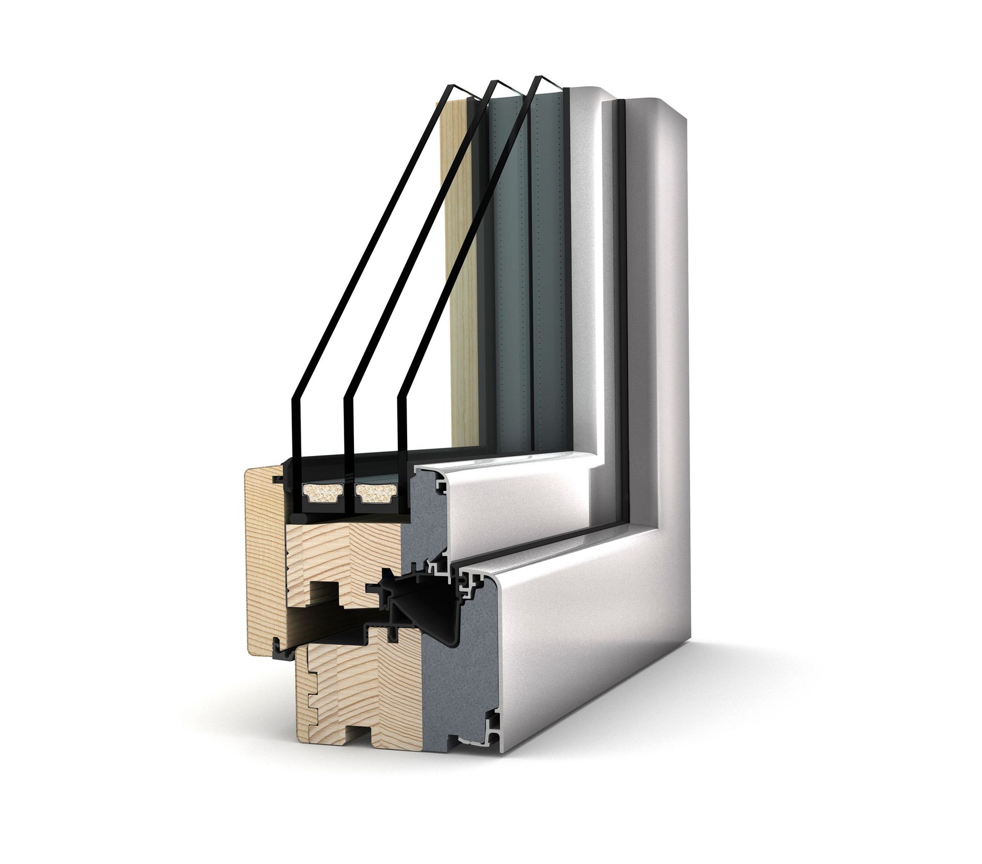 Querschnittsdiagramm eines dreifach verglasten Fensterrahmens mit Holzinnenraum, Isolierung und Metallaußenverkleidung.