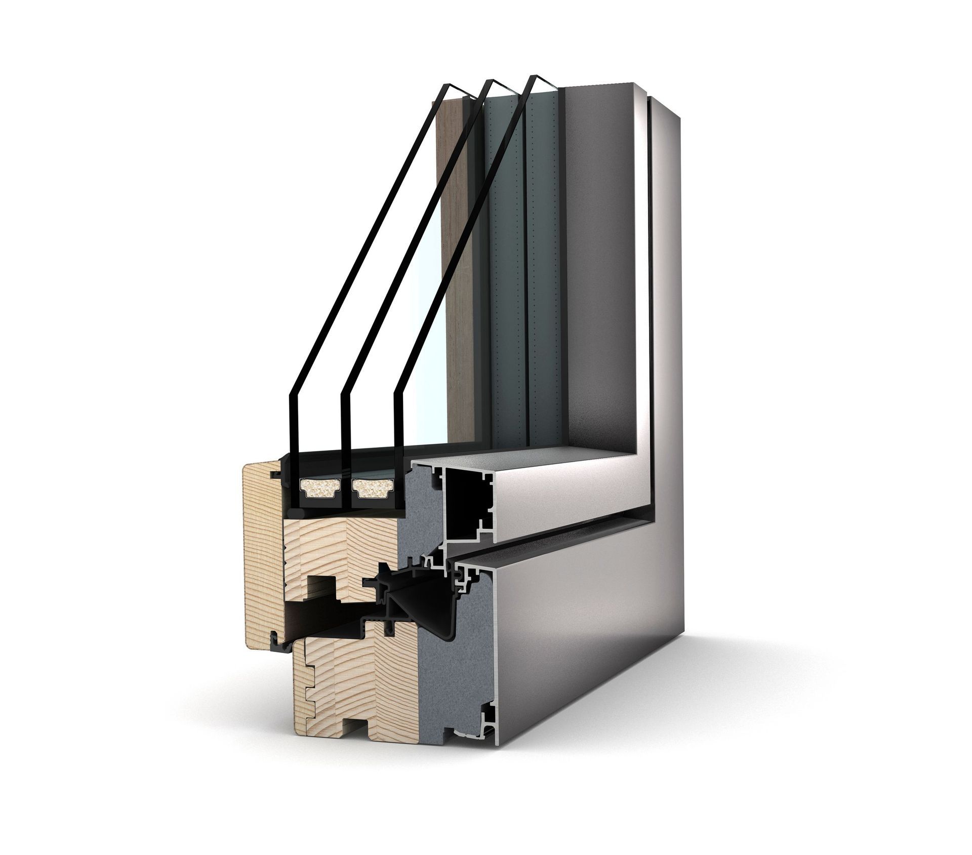 Querschnitt eines dreifach verglasten Fensters mit einem inneren Holzrahmen und einer äußeren Aluminiumverkleidung.