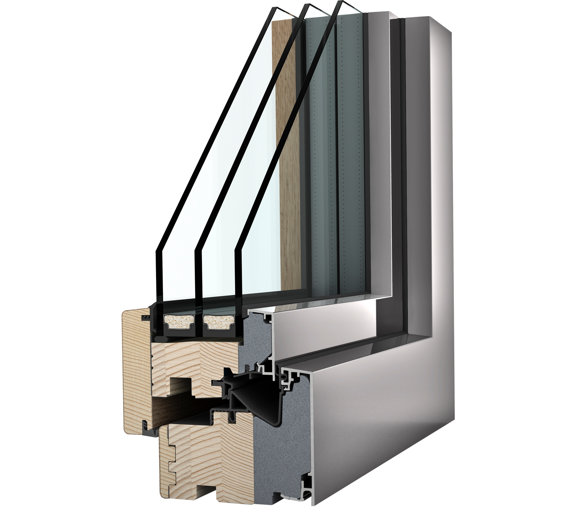 Querschnitt eines dreifach verglasten Fensters mit einem inneren Holzrahmen und einer äußeren Aluminiumverkleidung.