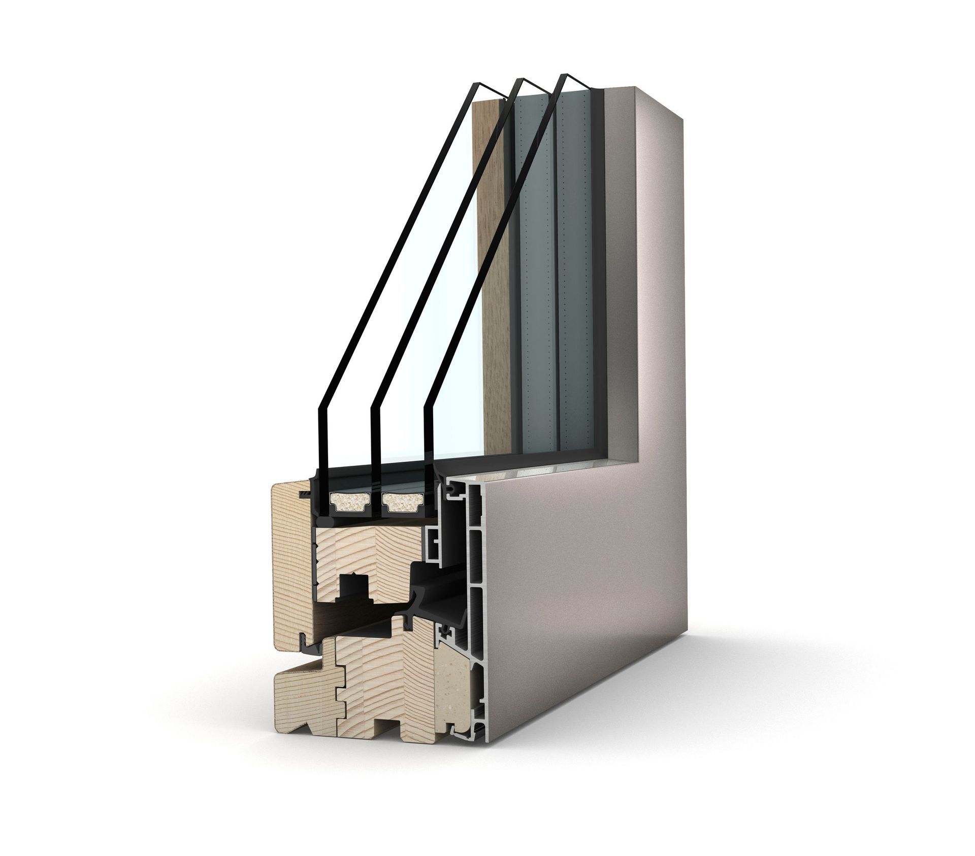 Querschnitt eines dreifach verglasten Fensters mit einem inneren Holzrahmen und einer äußeren Aluminiumverkleidung.
