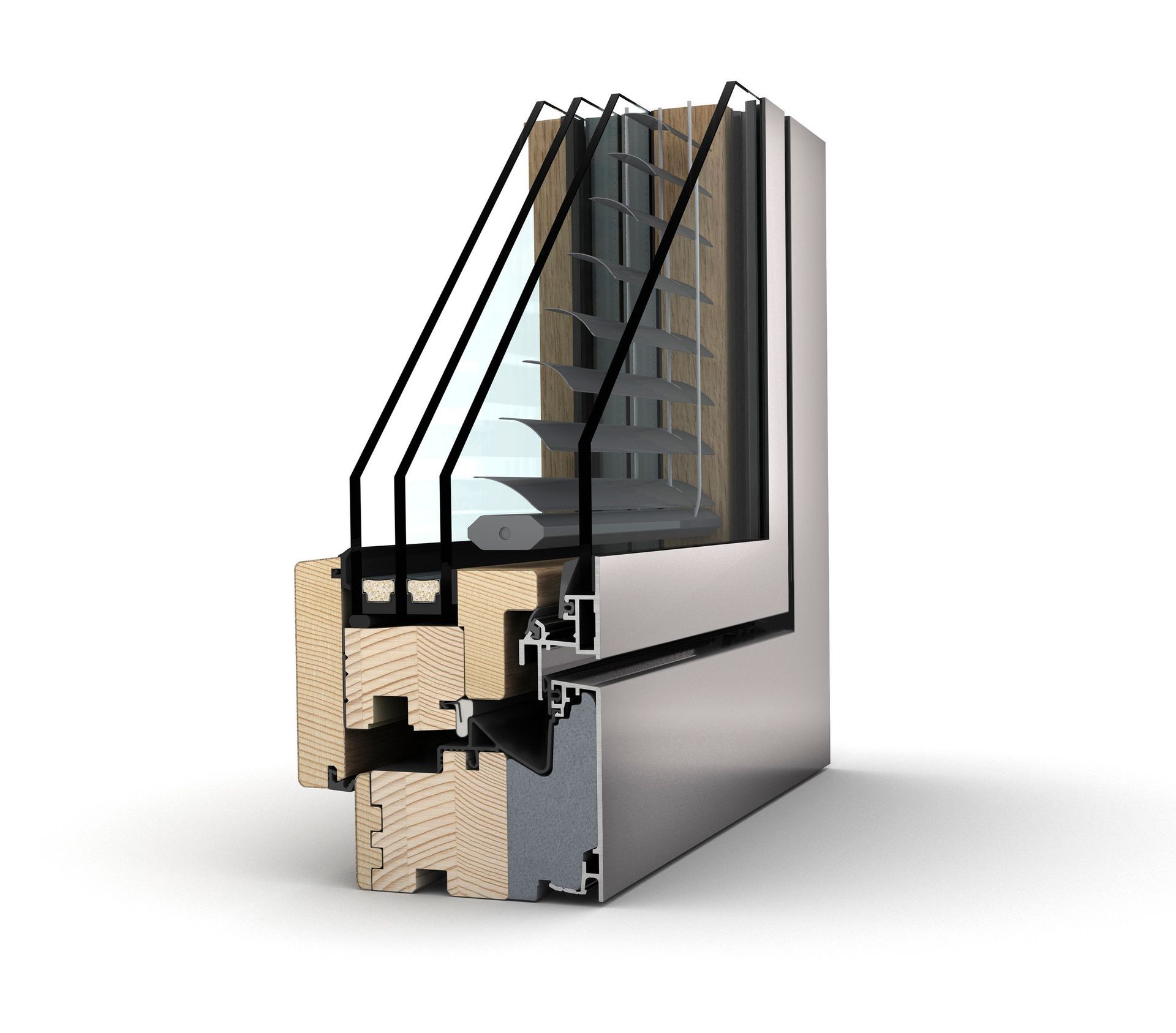 Querschnitt eines dreifach verglasten Fensterrahmens aus Holz und Aluminium mit integrierten Jalousien.