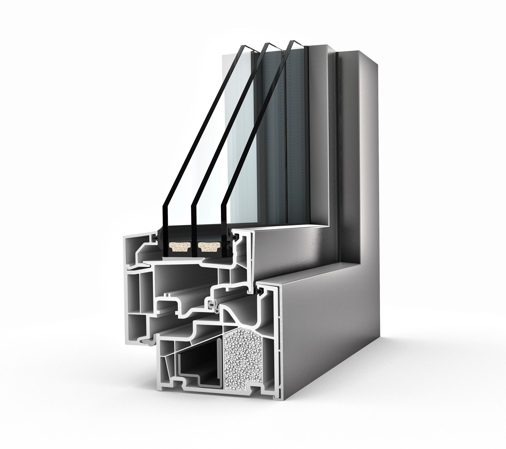 Querschnitt eines Dreifachverglasungsfensters mit Darstellung  inneren Isolierung und Glasschichten in Silber und Schwarz.
