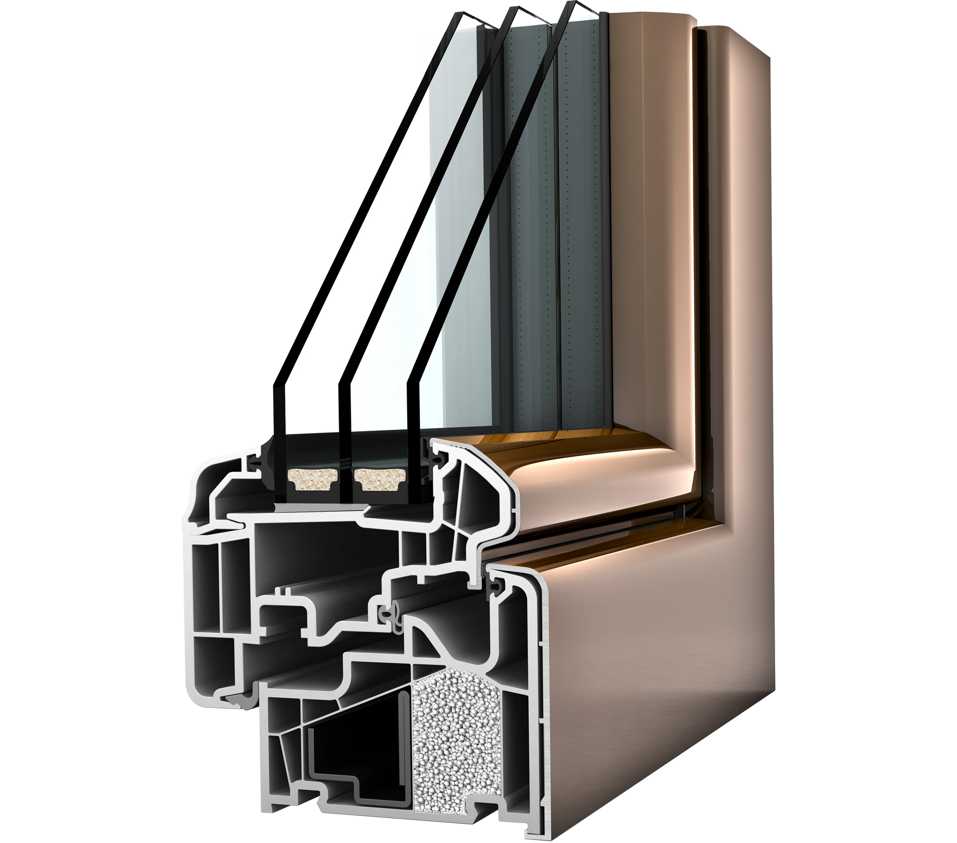 Querschnitt eines Dreifachverglasungsfensters mit Darstellung der inneren Kammern und der Isolierung.