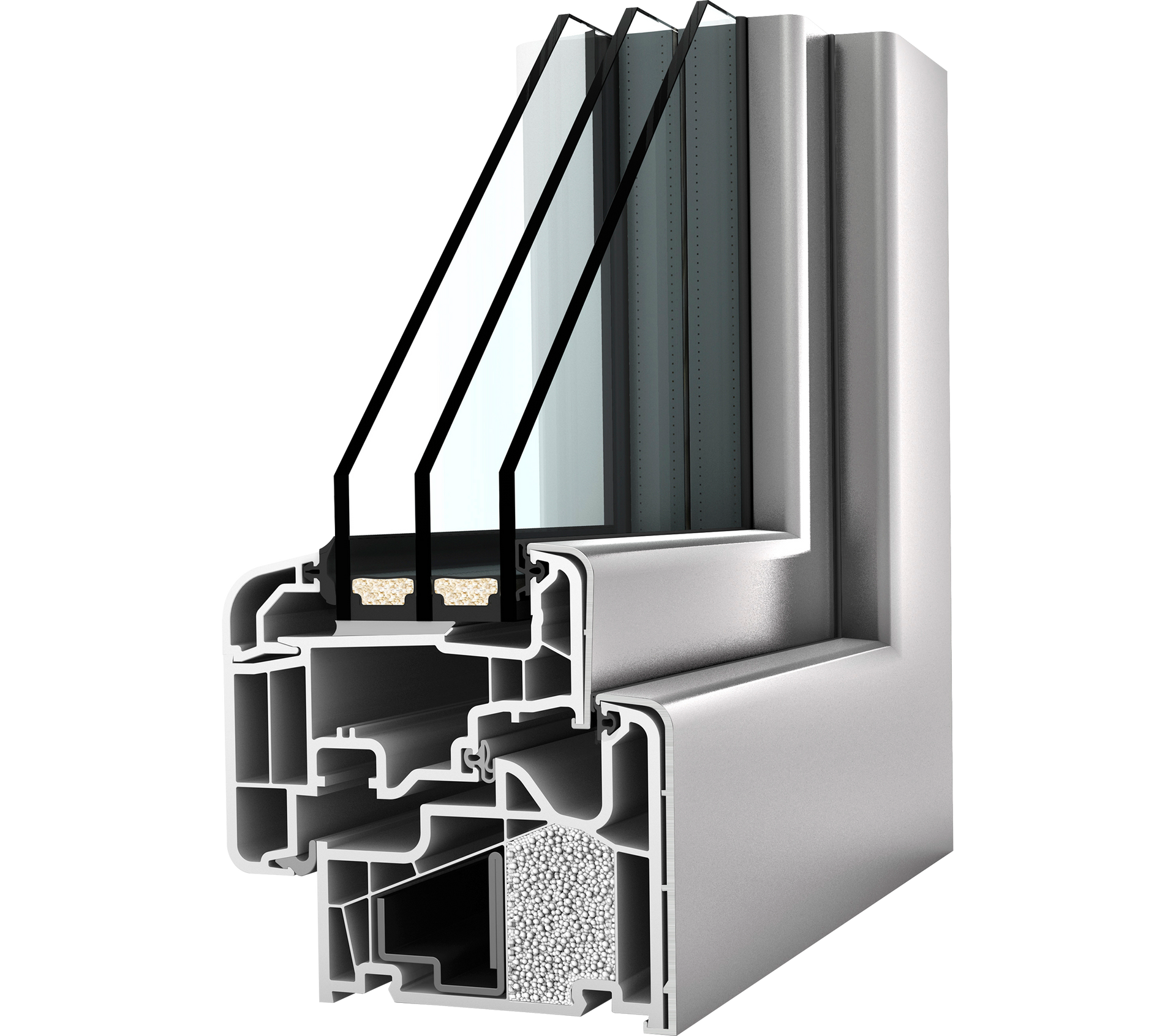 3D-Querschnitt eines Dreifachverglasungsfensterrahmens, zeigt Glasschichten, Dichtungen undisolierende  PVC-Profilstruktur 