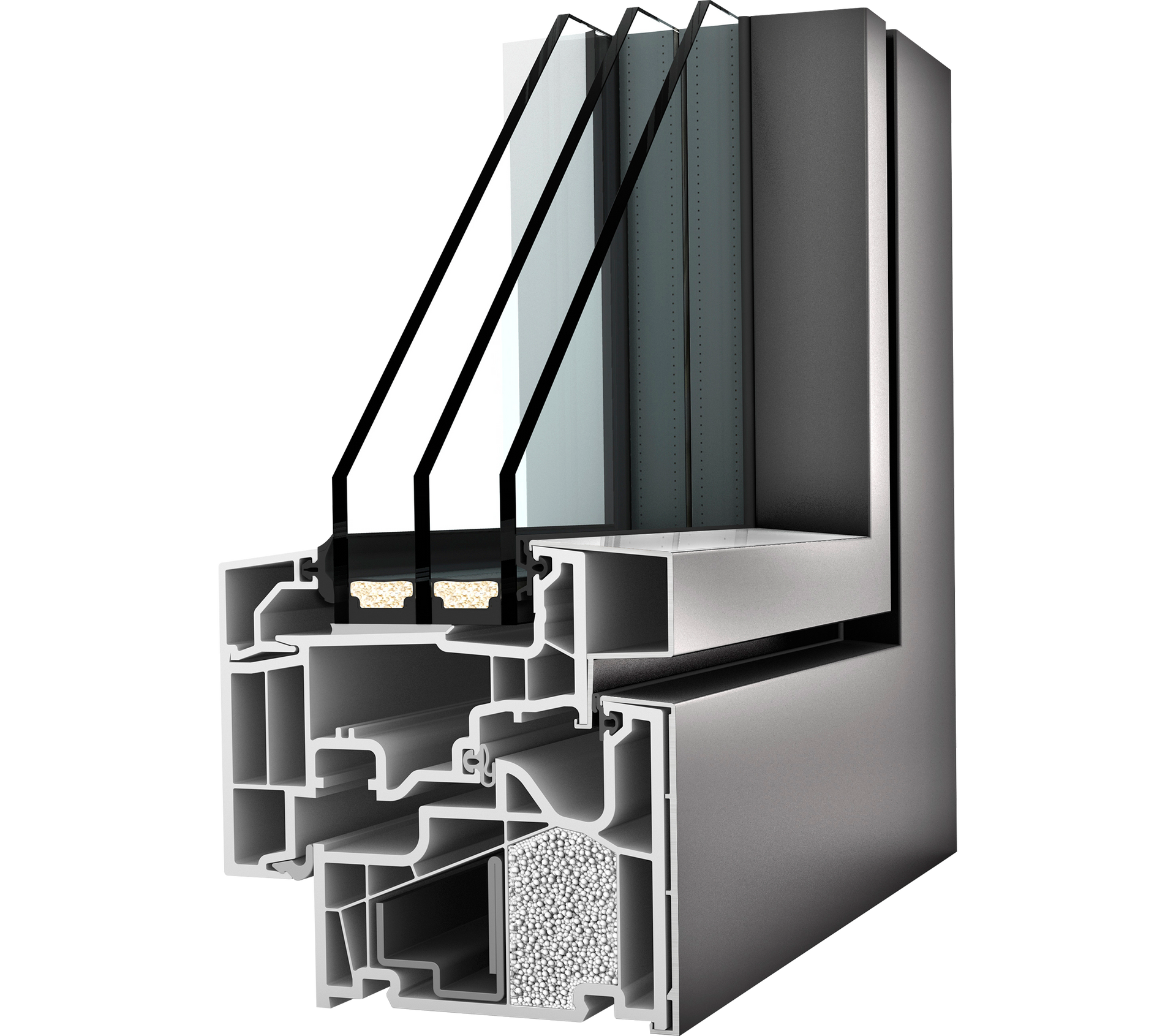 Ein 3D-Querschnitt eines Dreifachverglasungsfensters, der die inneren Kammern, die Glasschichten und den Isolierschaum zeigt.