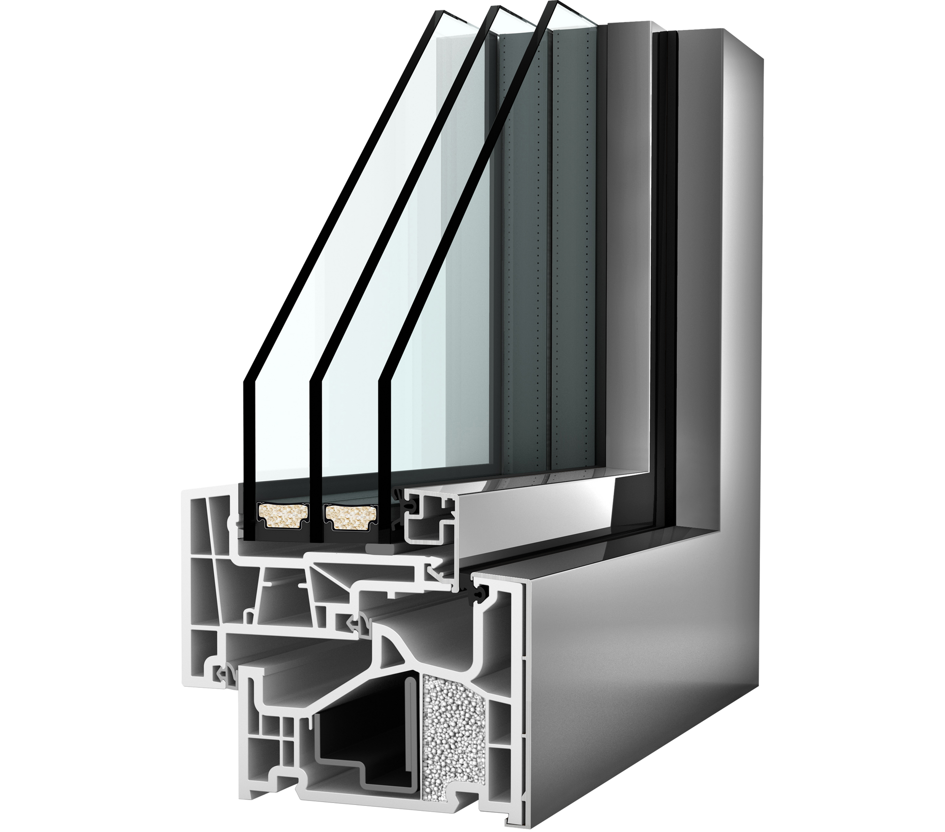 Querschnittansicht eines dreifach verglasten Fensters mit mehrkammerigen weißen PVC-Rahmen und innenliegender Isolierung.