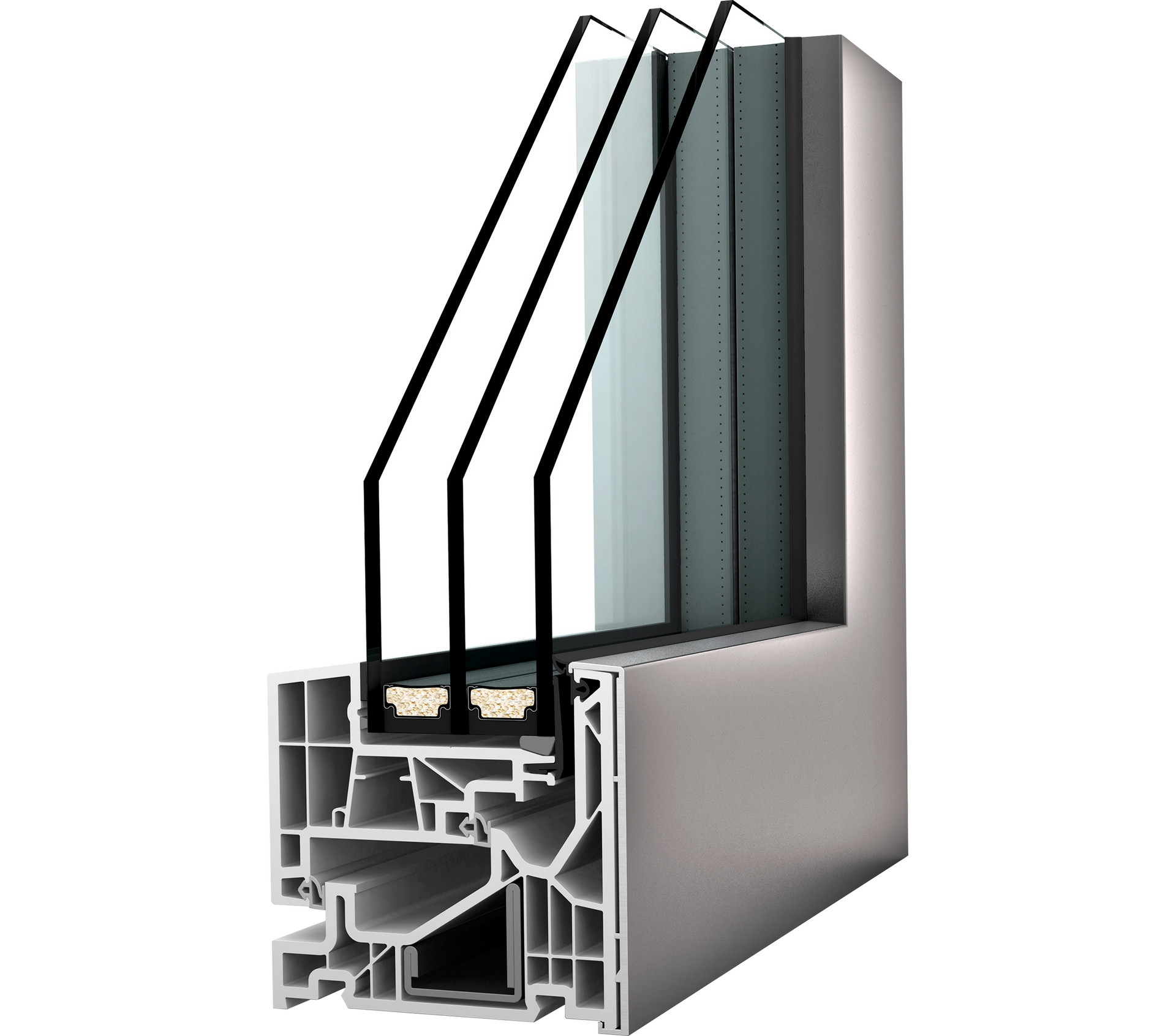 Querschnitt eines dreifach verglasten weißen PVC-Fensterprofils, der die Glasschichten und die inneren Strukturkammern zeigt.