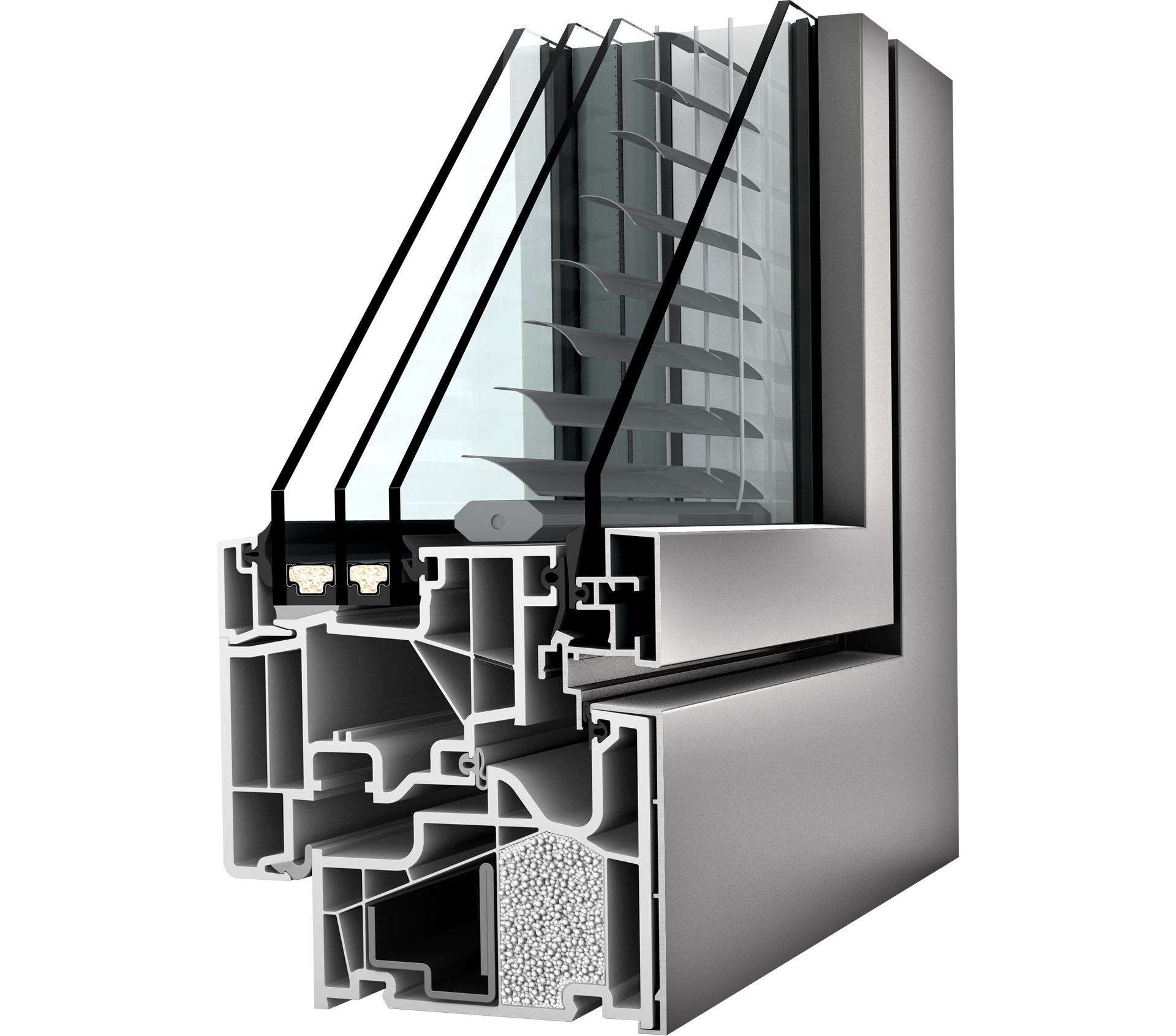 Querschnitt eines dreifach verglasten Fensterrahmens mit Darstellung der inneren Kammern, integrierten Jalousien