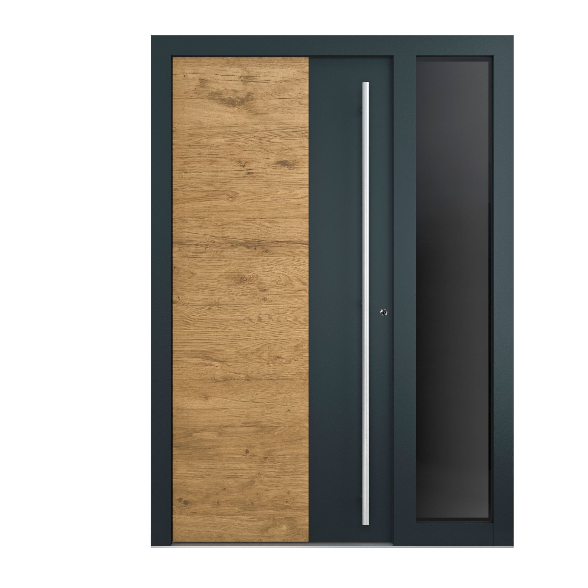 Moderne Außentür mit Holzmaserung-Paneel, mattdunkelgrauem Rahmen, hohem silbernen Griff und seitlichem Glasfenster.