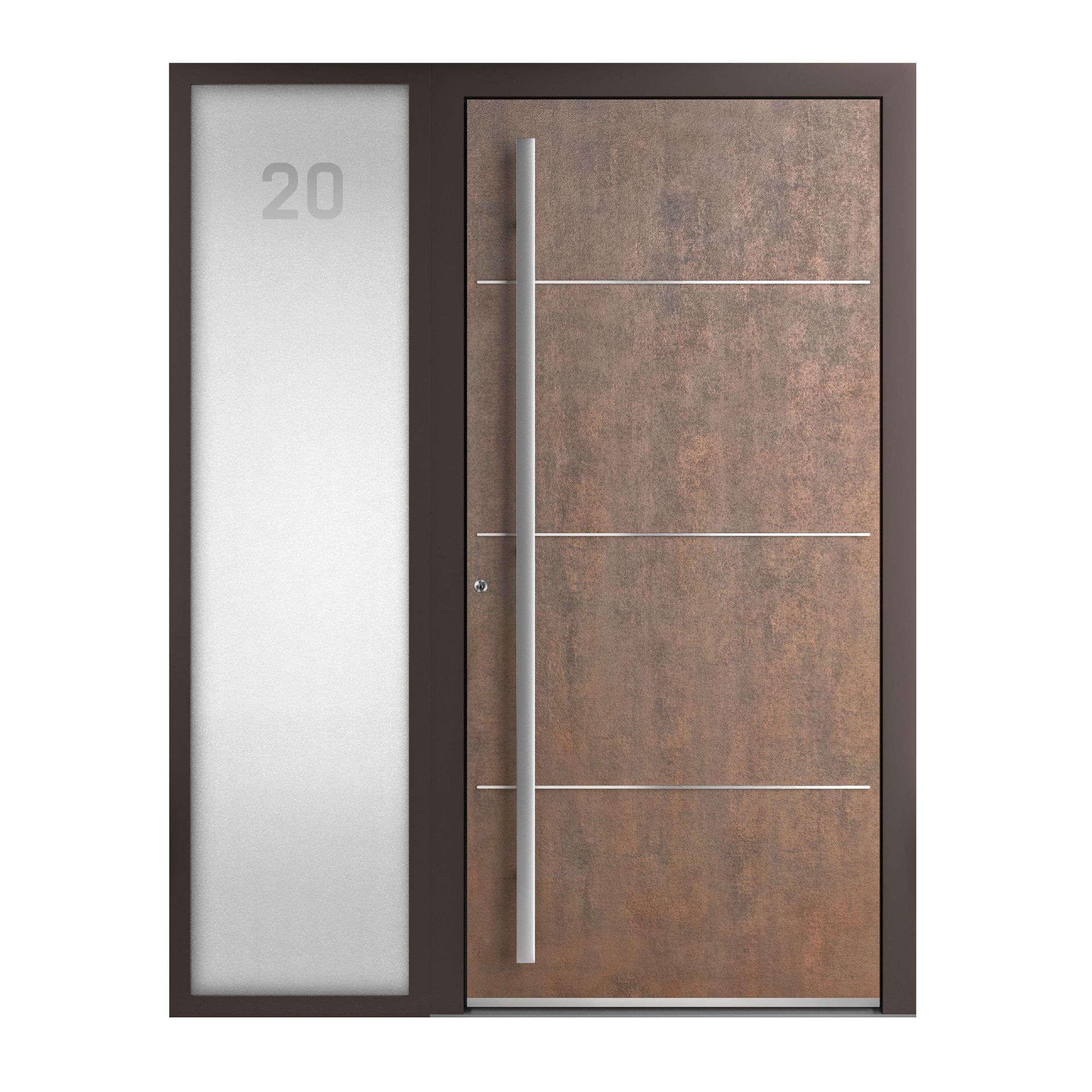 Moderne Eingangstür mit Rosteffekt-Finish, drei horizontalen silbernen Akzenten,  vertikalen Griff und einem Seitenfenster.