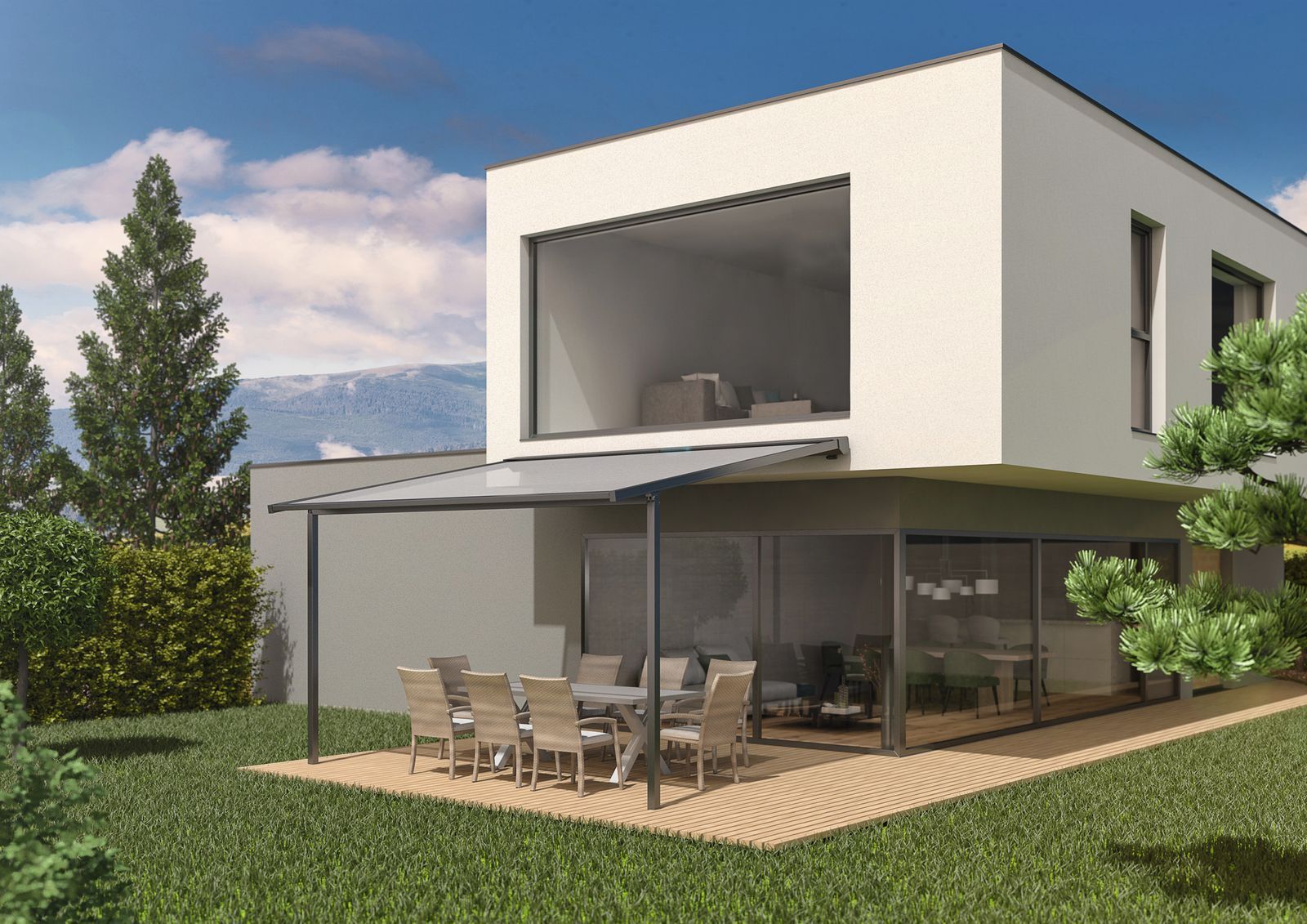 Modernes zweistöckiges Haus mit Terrasse, Essbereich im Freien und Pergola vor der Kulisse von Bäumen und Bergen.