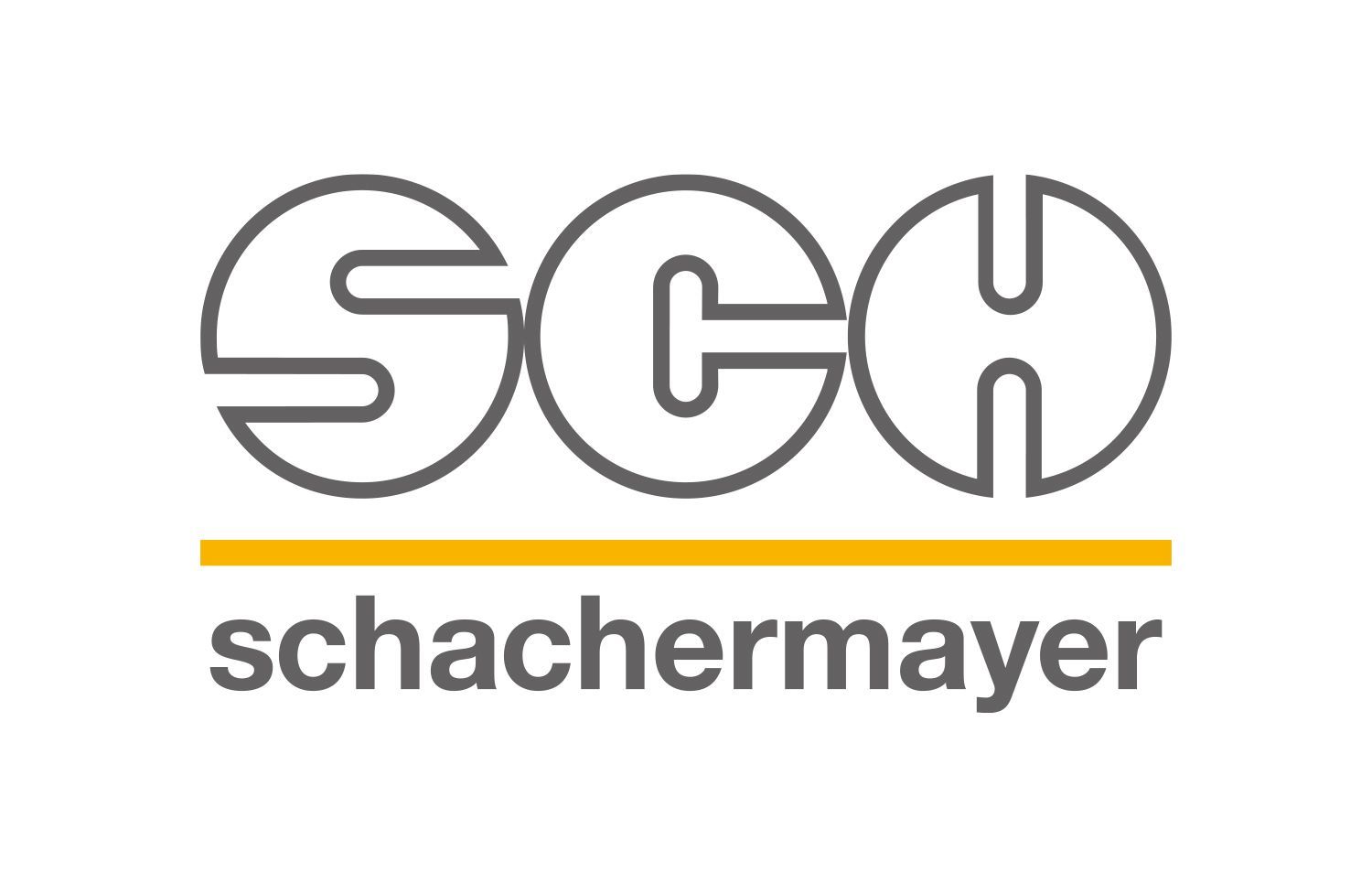 Logo für Schachermayer: graue Buchstaben „SCH“ in Kreisen über einer gelben Linie und dem Markennamen in Kleinbuchstaben.