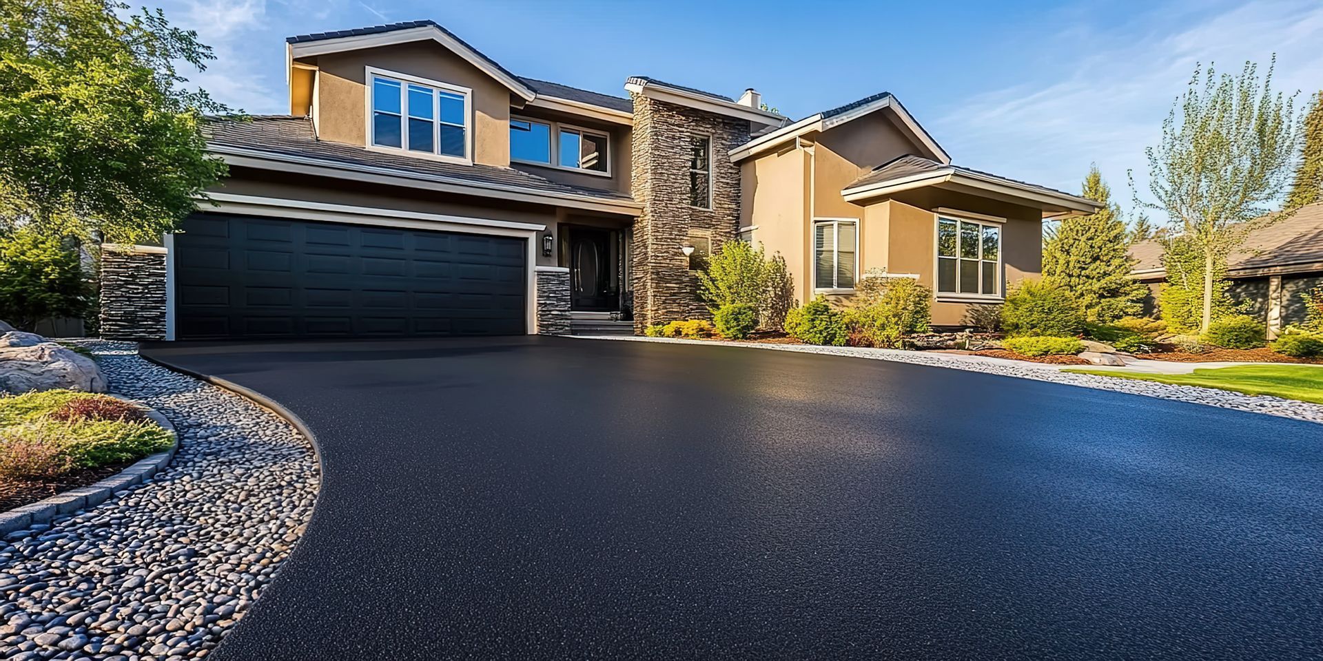 House with paved driveway, stone accents, and manicured landscaping under a blue sky.