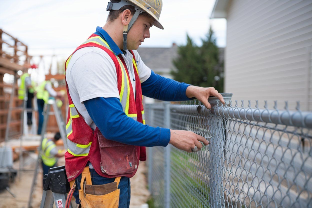 A construction worker is working on a chain link fence.