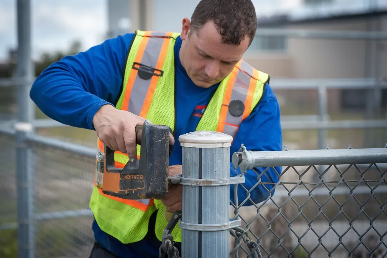 Man in safety vest uses a tool to repair a chain-link fence outdoors.