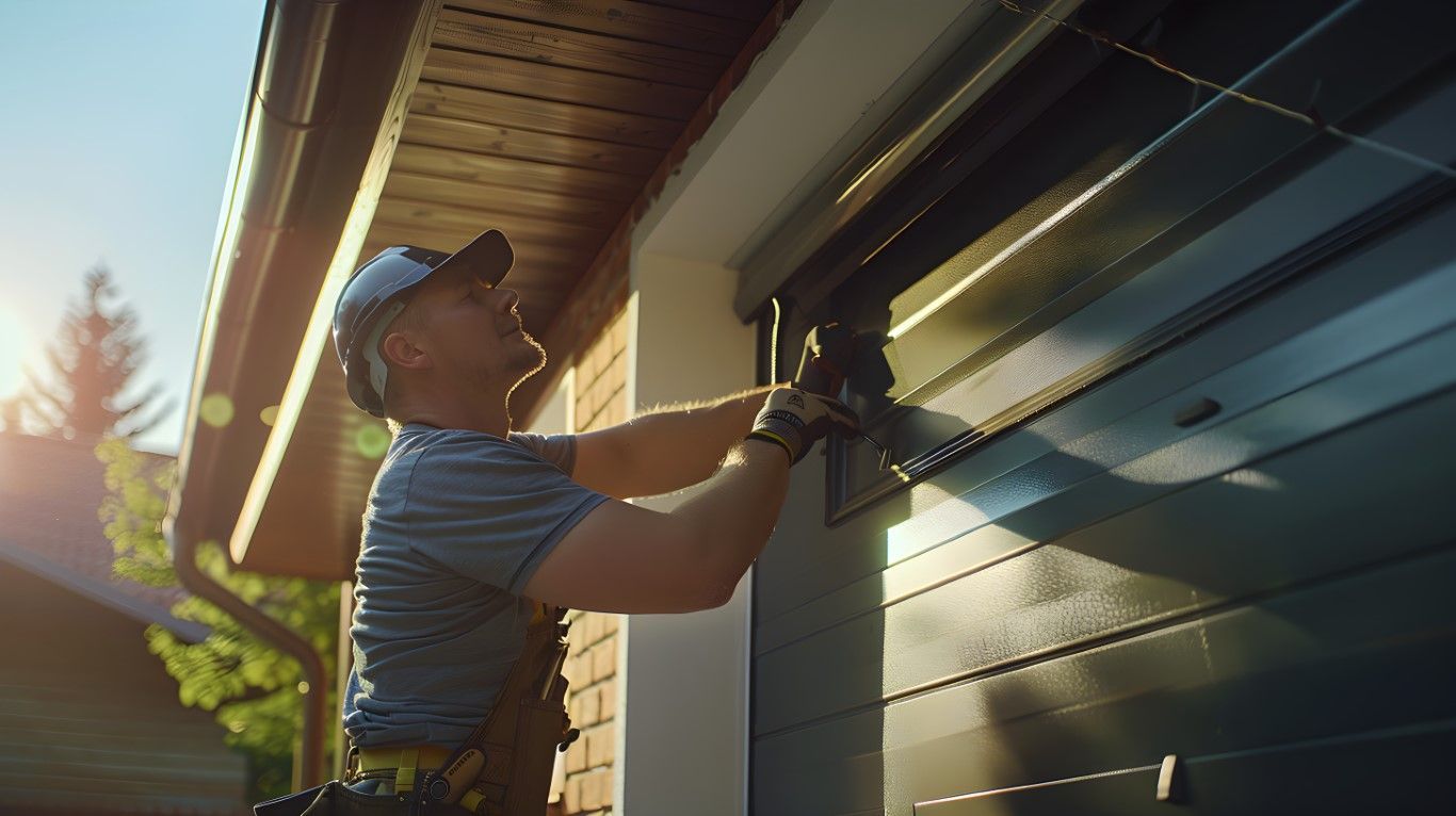 A man is fixing a garage door with a wrench.