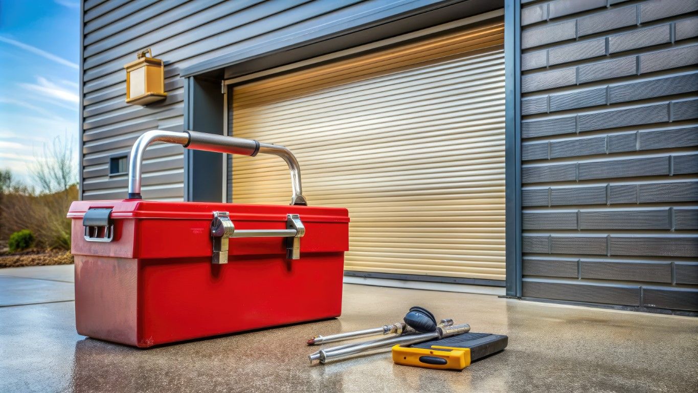 A red toolbox is sitting on the ground in front of a garage door.