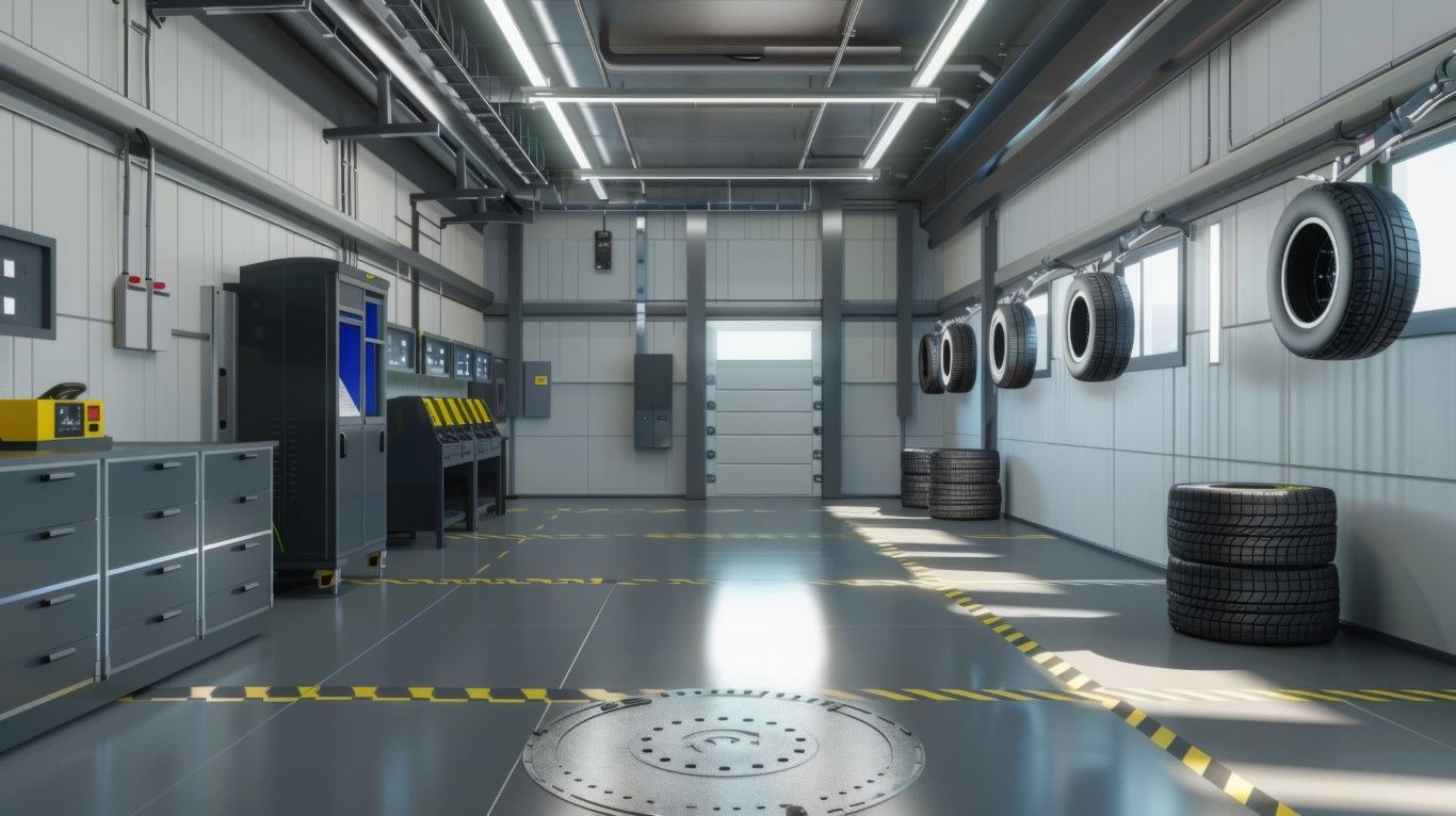 A 3d rendering of a garage with tires hanging on the wall.