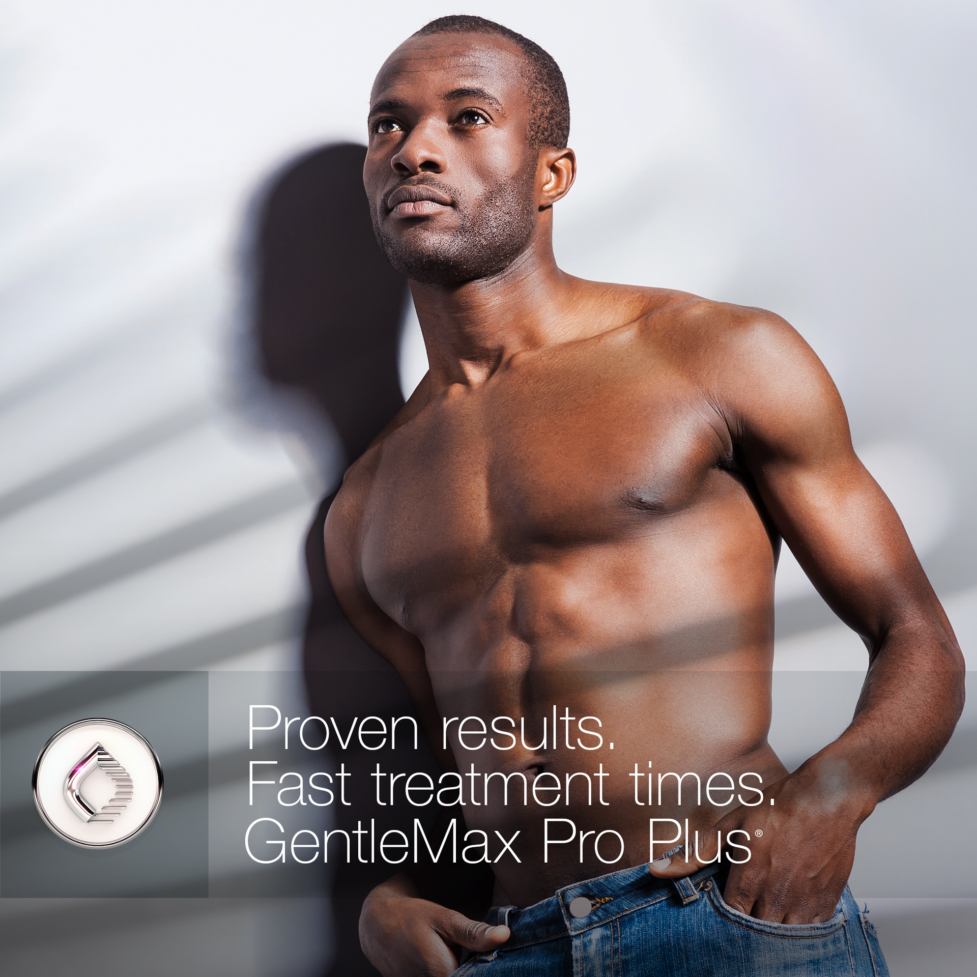Shirtless man leaning against a wall, with shadows. Advertising text: GentleMax Pro Plus.