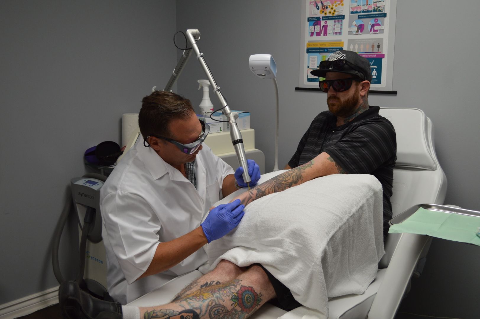 Man undergoing laser tattoo removal on his arm, doctor using laser, both wearing eye protection, medical setting.