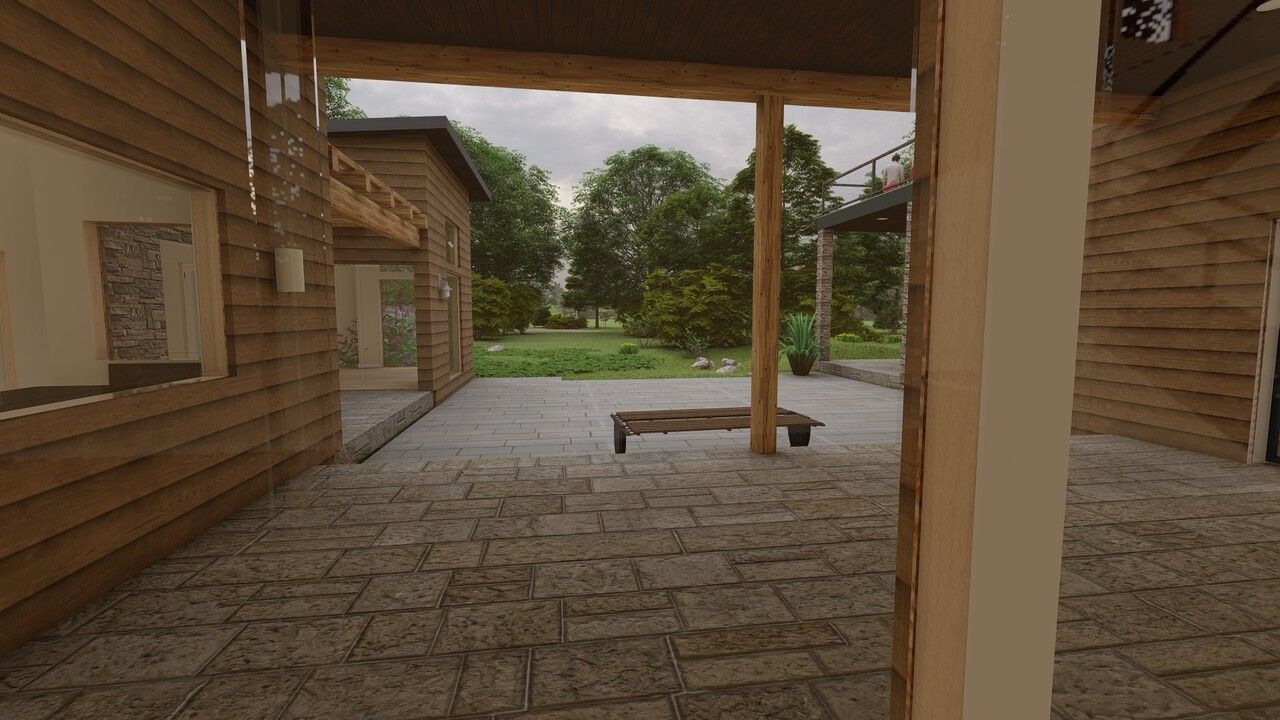 A 3d rendering of a wooden house with a patio and trees in the background.