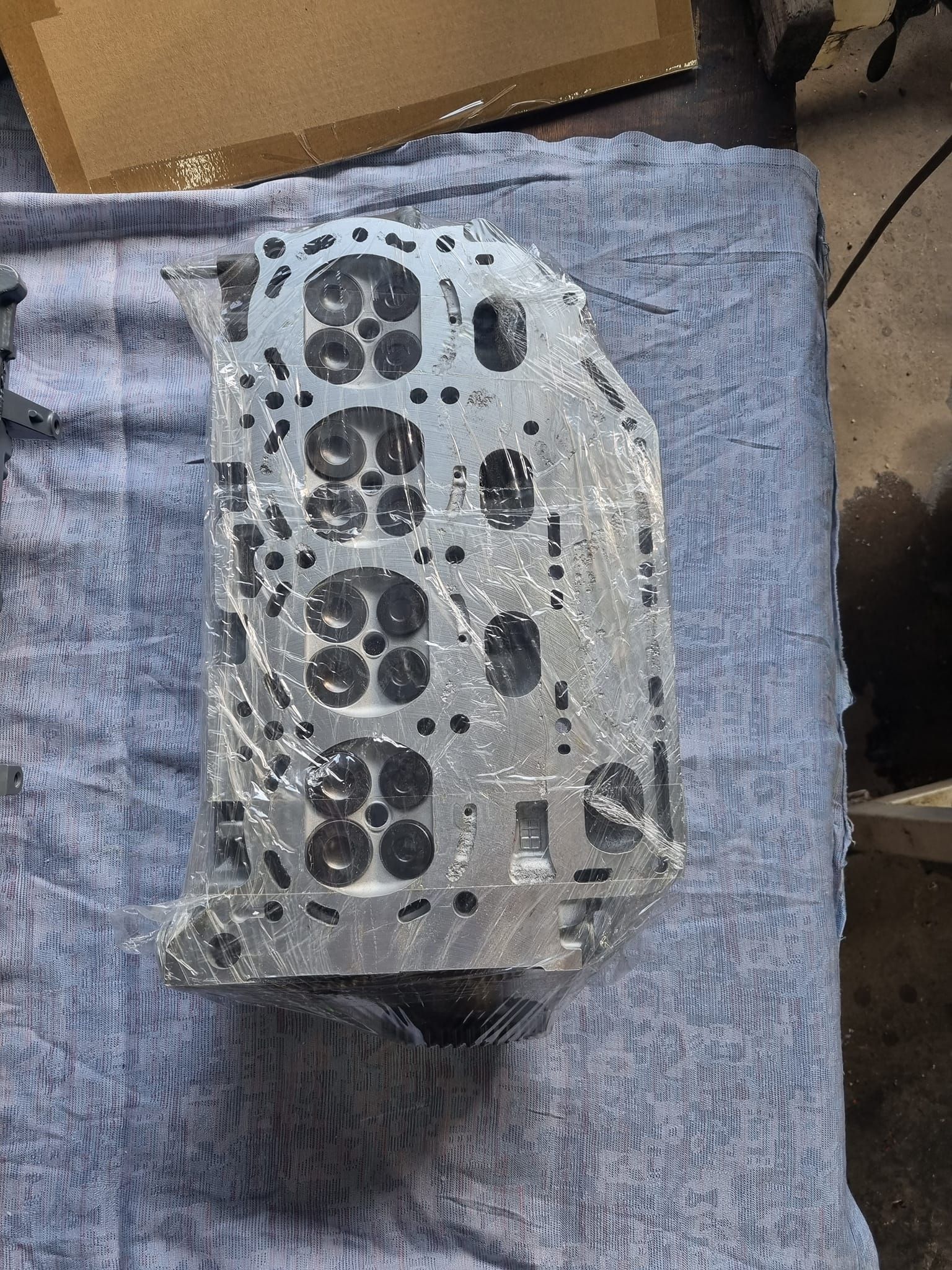 A row of outboard motors are lined up on the shore of a lake.