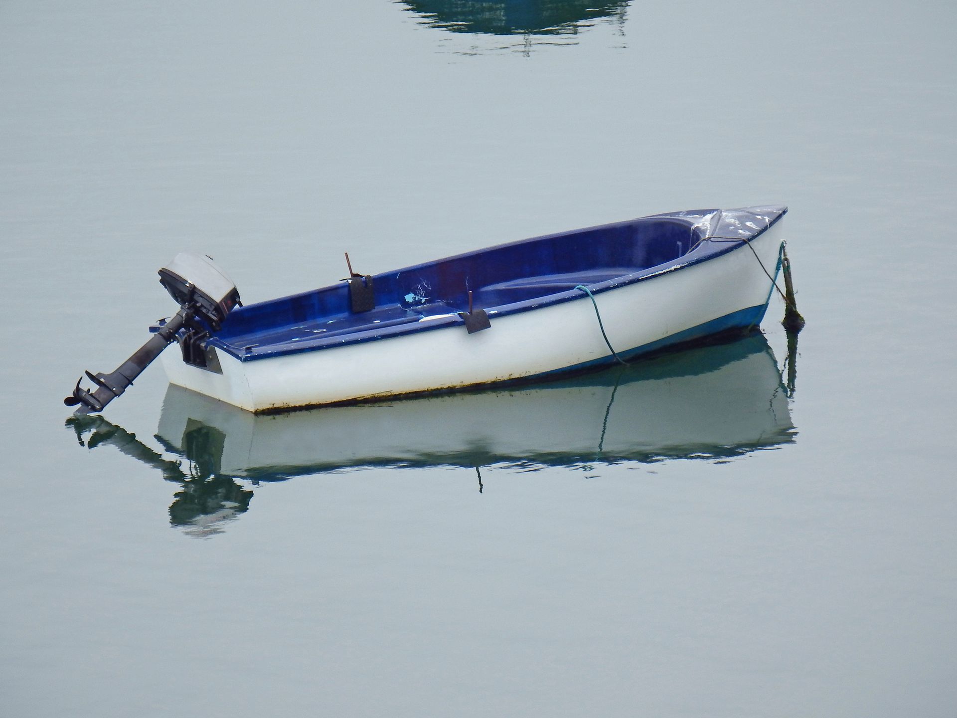 A blue and white boat is floating in the water