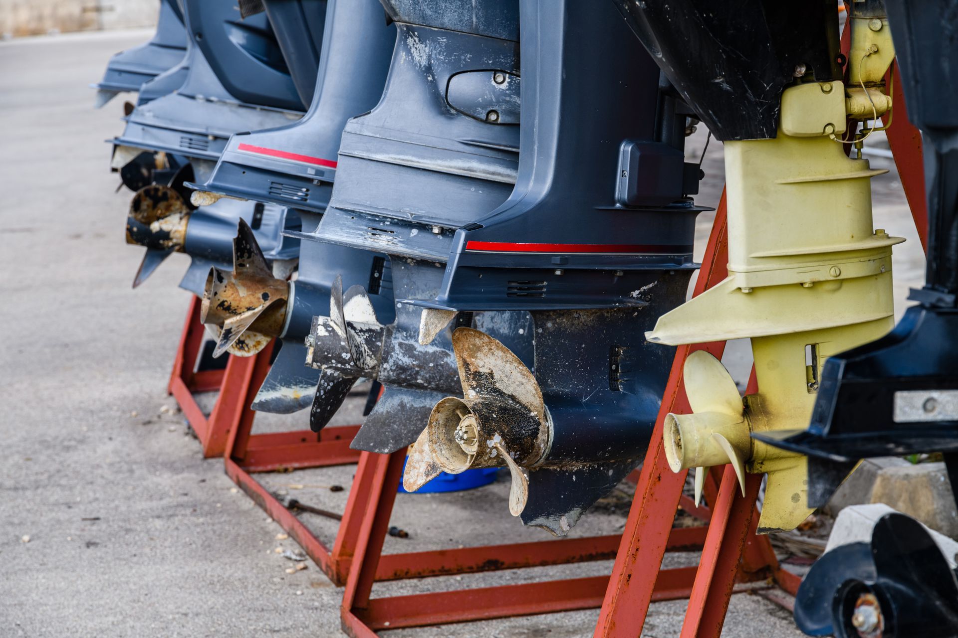 A row of outboard motors are lined up on stands.