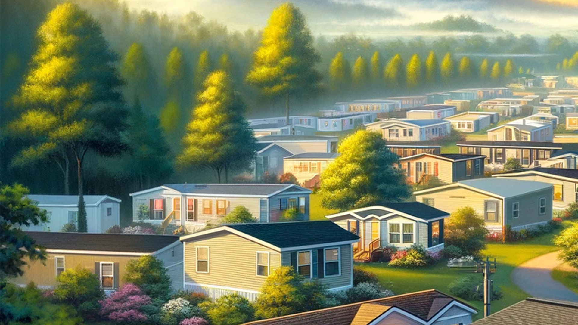 a painting of a mobile home park in Clanton Alabama with lots of houses and trees .
