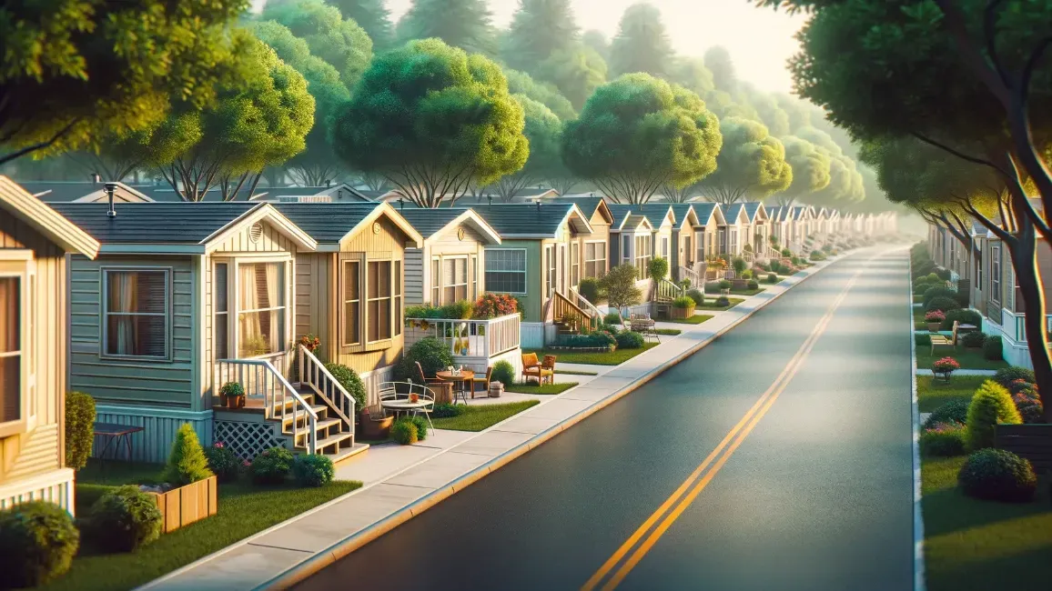 a row of mobile homes are lined up on the side of a road .