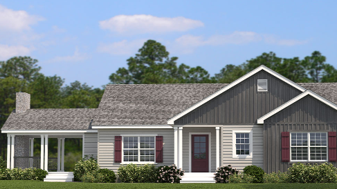 Gray ranch-style house with dark shutters, front door, and screened porch. Green bushes in front, trees in the background.