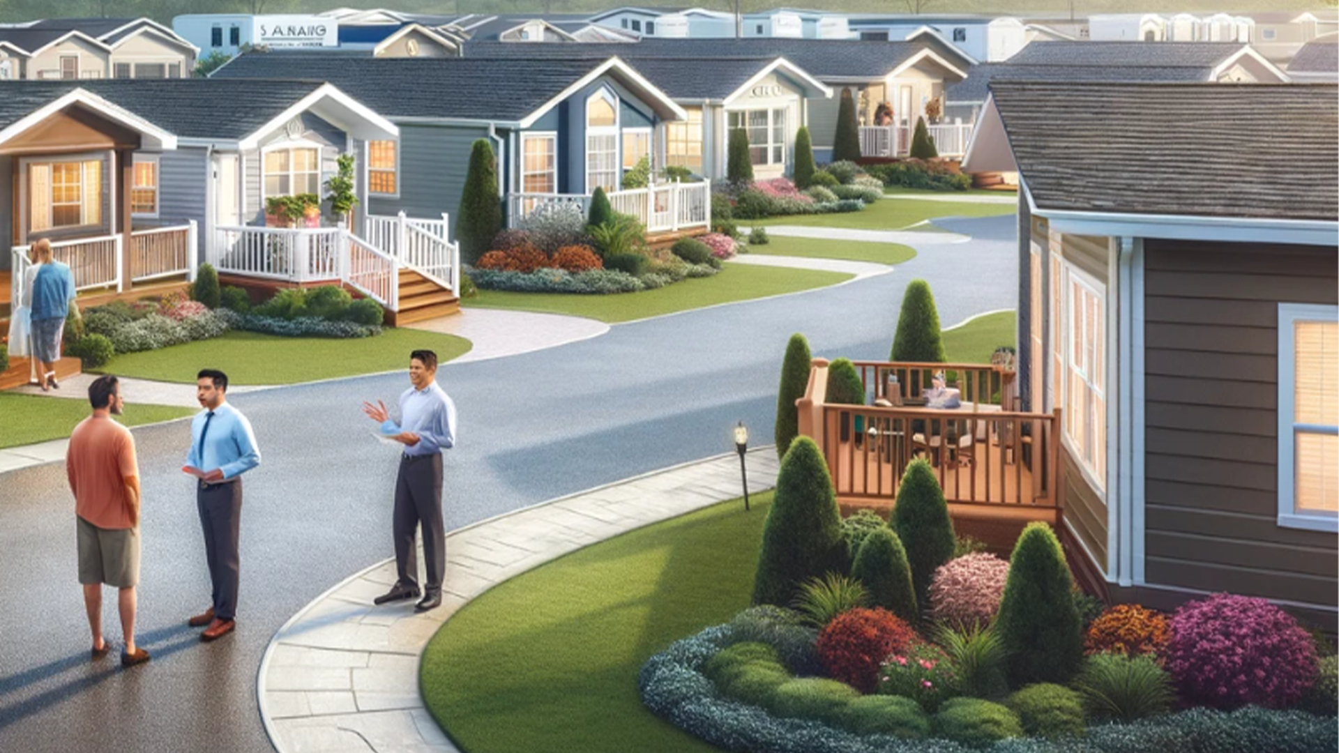 A group of people are standing on a sidewalk in front of a row of mobile homes.